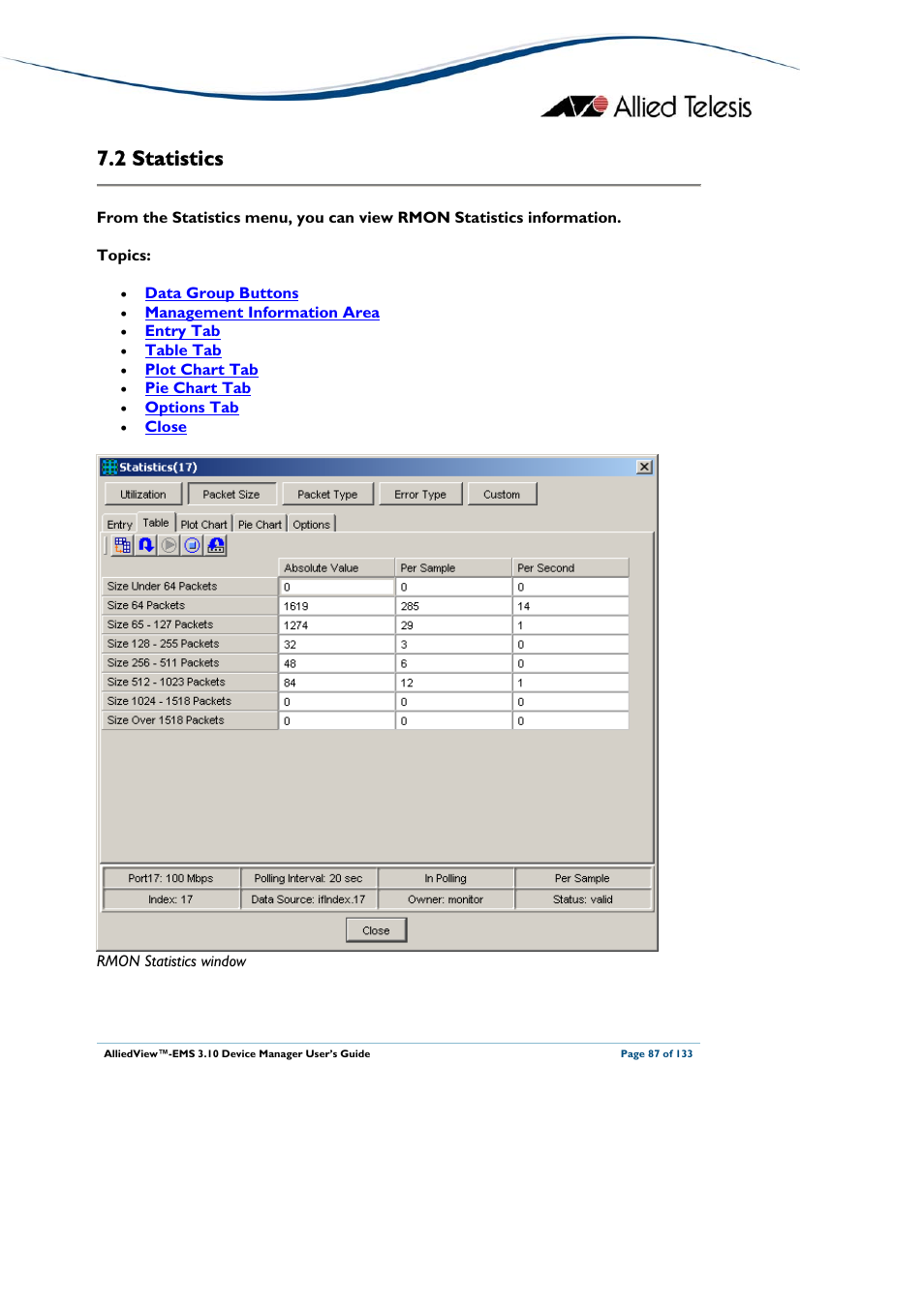 2 statistics, Tatistics, Statistics | Allied Telesis AlliedView-EMS 3.10 DEVICE MANAGER User Manual | Page 87 / 133