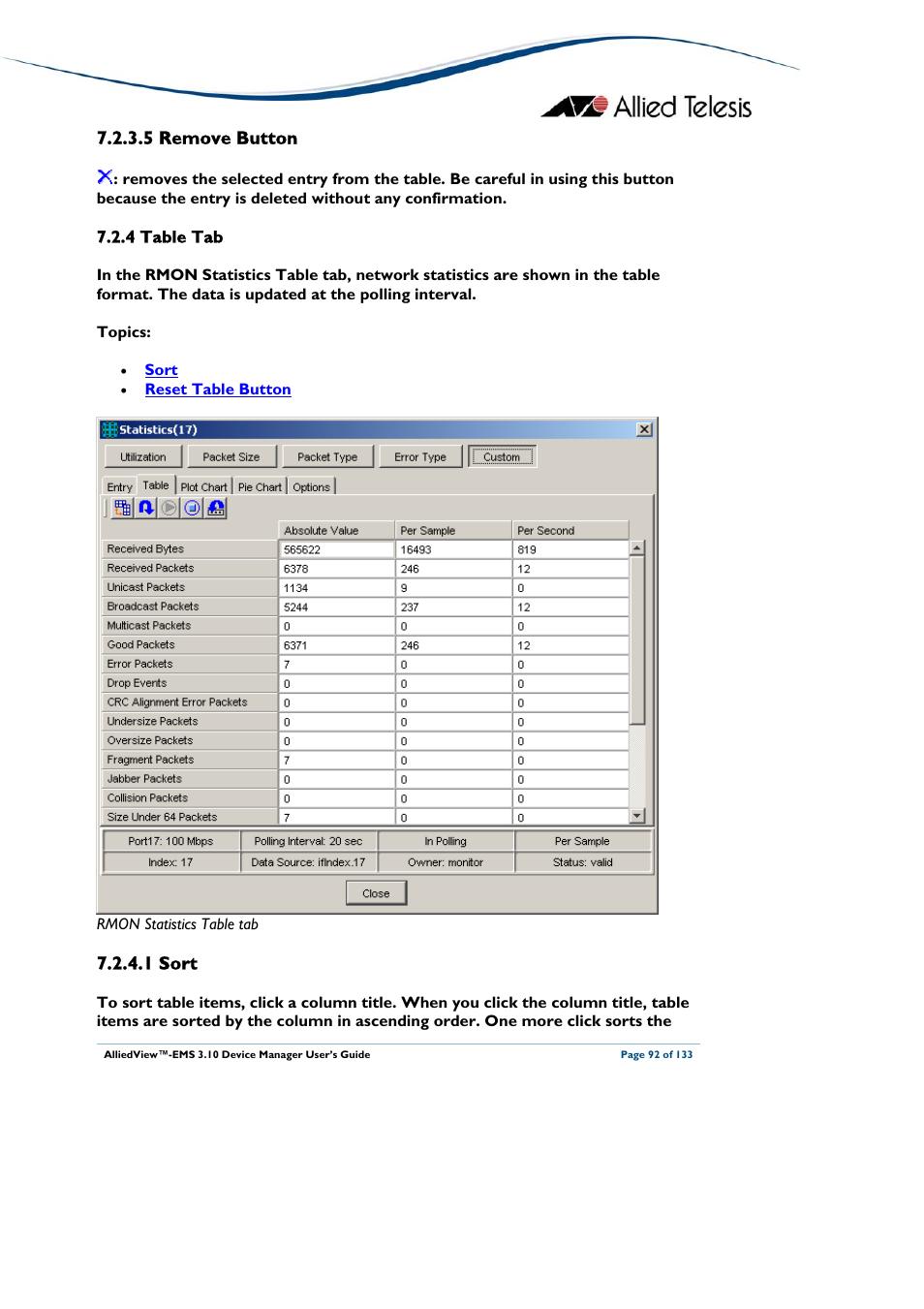 5 remove button, 4 table tab, 1 sort | Table tab, Remove button | Allied Telesis AlliedView-EMS 3.10 DEVICE MANAGER User Manual | Page 92 / 133