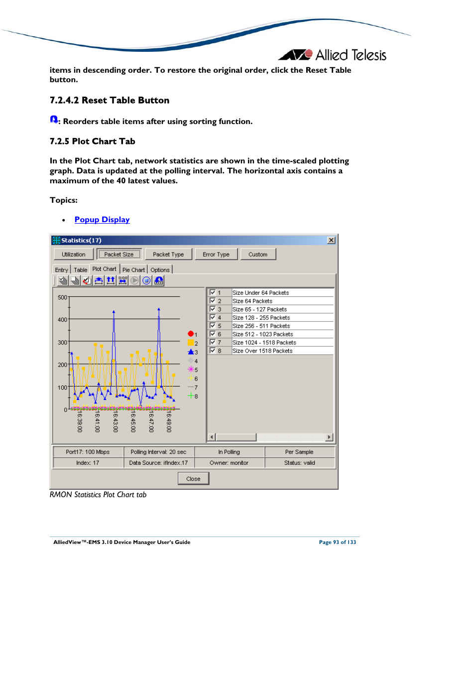 2 reset table button, 5 plot chart tab, Plot chart tab | Reset table button | Allied Telesis AlliedView-EMS 3.10 DEVICE MANAGER User Manual | Page 93 / 133