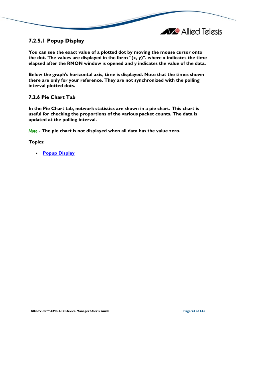 1 popup display, 6 pie chart tab, Pie chart tab | Allied Telesis AlliedView-EMS 3.10 DEVICE MANAGER User Manual | Page 94 / 133