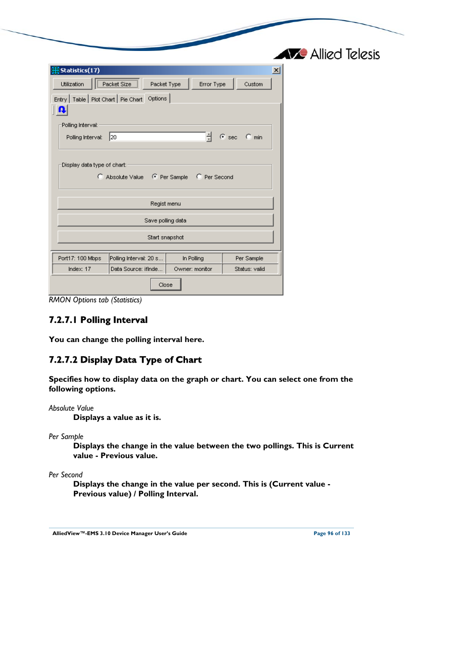 1 polling interval, 2 display data type of chart, Polling interval | Display data type of chart | Allied Telesis AlliedView-EMS 3.10 DEVICE MANAGER User Manual | Page 96 / 133