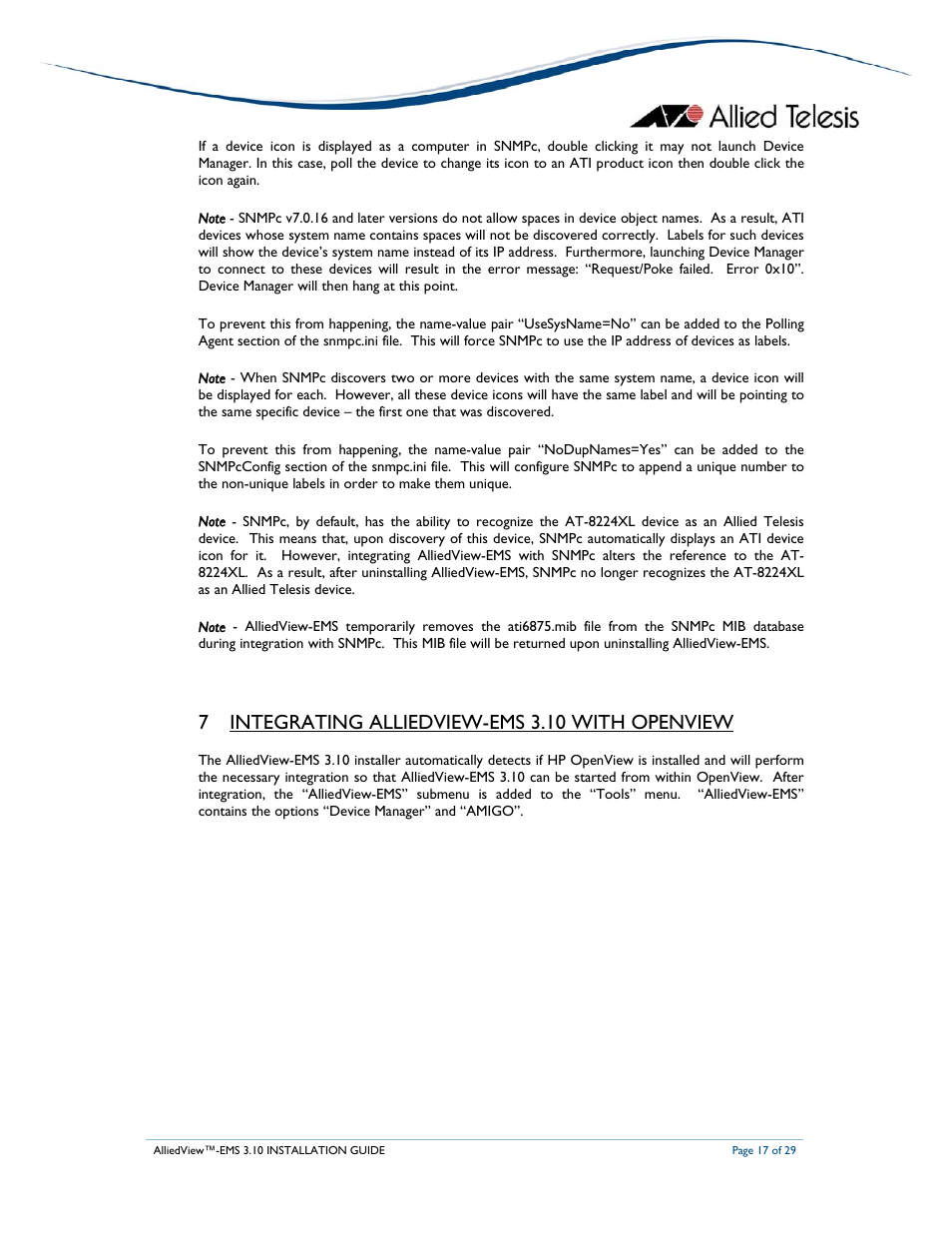 7 integrating alliedview-ems 3.10 with openview | Allied Telesis AlliedView-EMS 3.10 INSTALLATION User Manual | Page 17 / 29