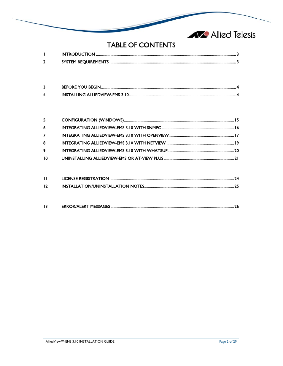 Allied Telesis AlliedView-EMS 3.10 INSTALLATION User Manual | Page 2 / 29