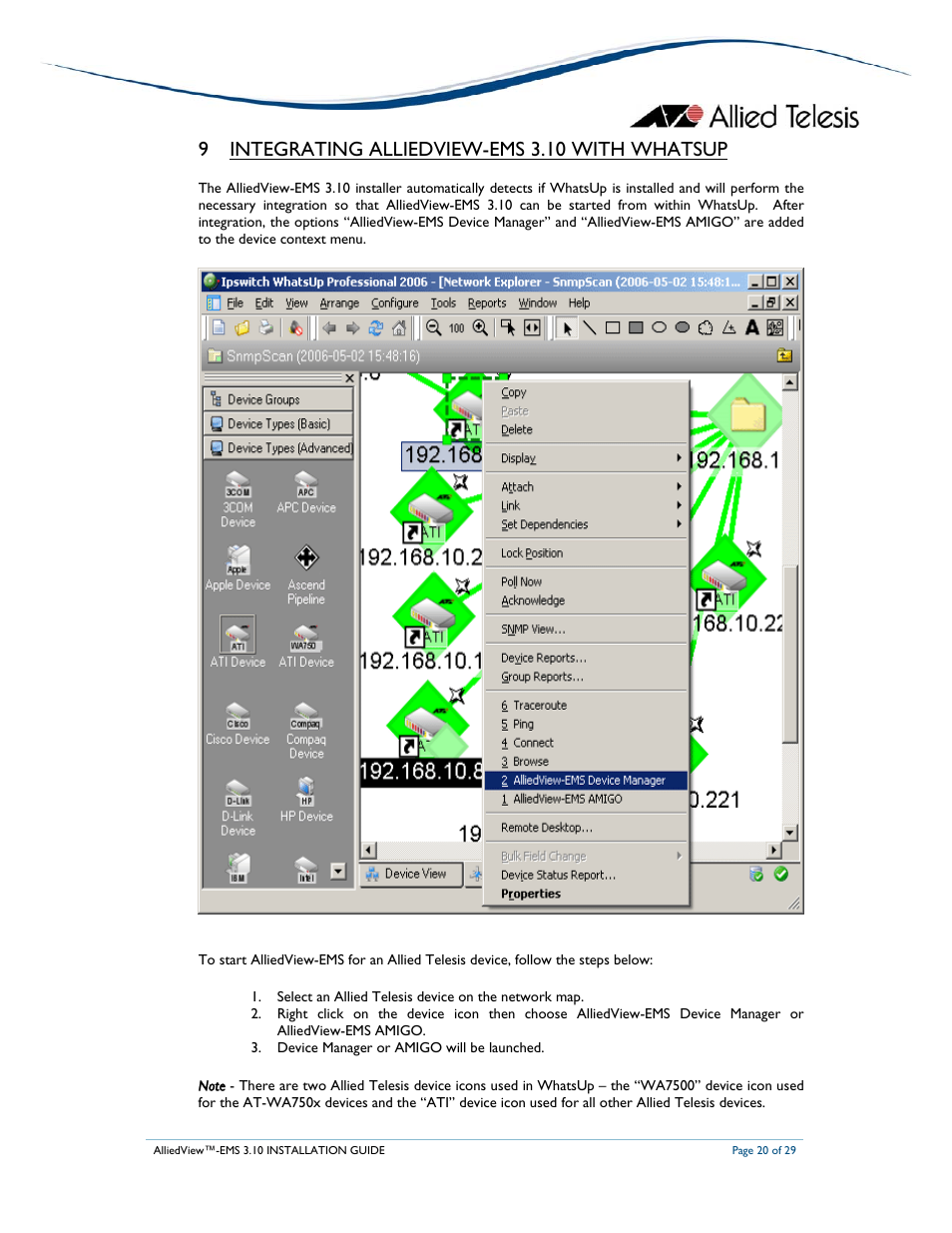 9 integrating alliedview-ems 3.10 with whatsup | Allied Telesis AlliedView-EMS 3.10 INSTALLATION User Manual | Page 20 / 29