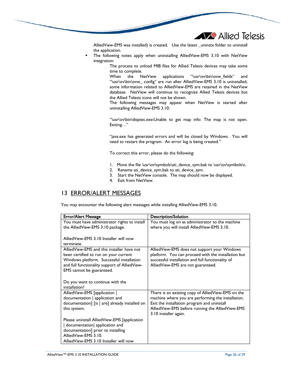 13 error/alert messages | Allied Telesis AlliedView-EMS 3.10 INSTALLATION User Manual | Page 26 / 29
