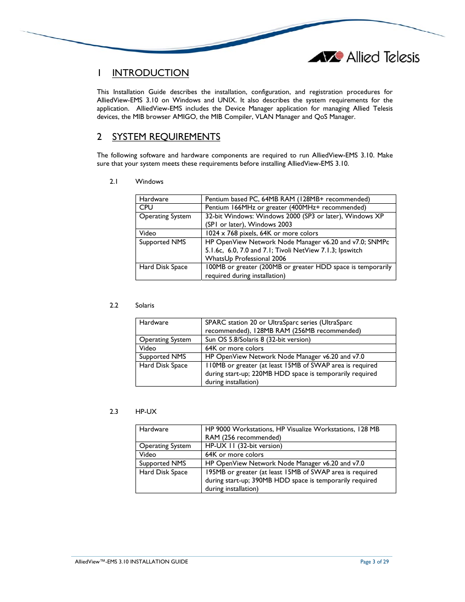 1 introduction, 2 system requirements | Allied Telesis AlliedView-EMS 3.10 INSTALLATION User Manual | Page 3 / 29