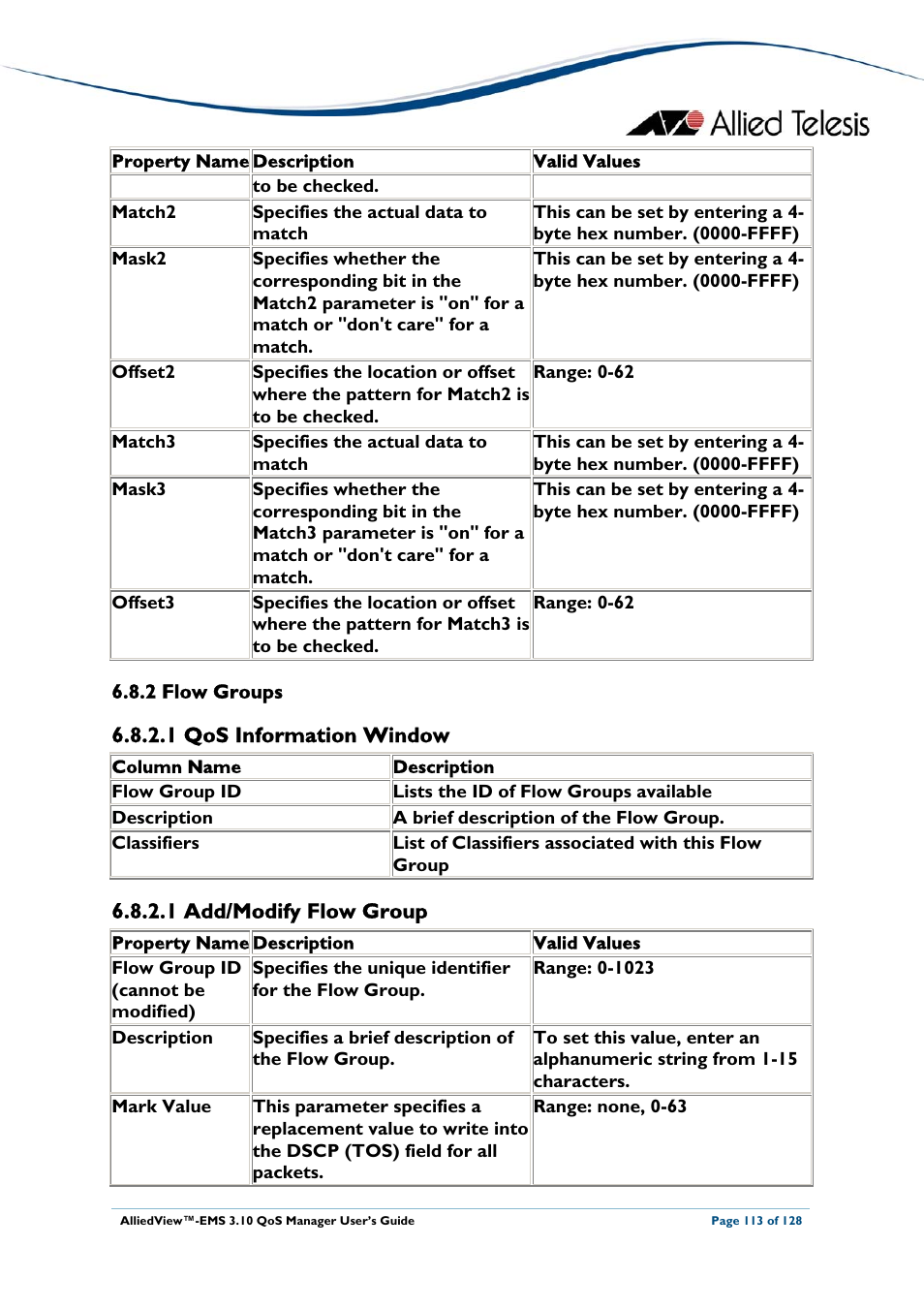 2 flow groups, 1 qos information window, 1 add/modify flow group | Flow groups | Allied Telesis AlliedView-EMS 3.10 QoS MANAGER User Manual | Page 113 / 128