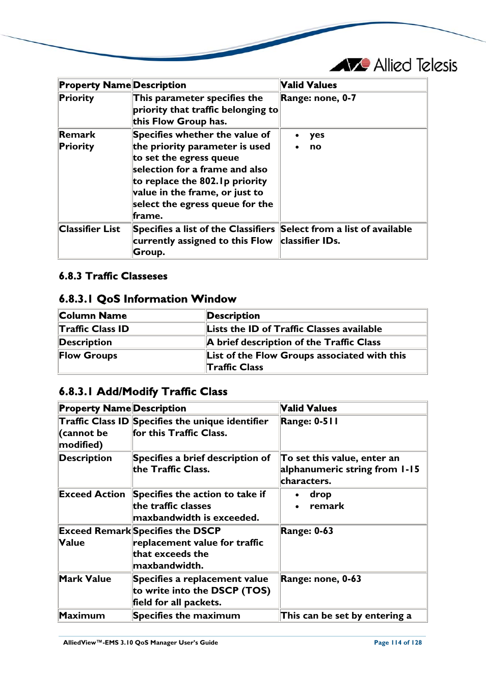 3 traffic classeses, 1 qos information window, 1 add/modify traffic class | Traffic classes | Allied Telesis AlliedView-EMS 3.10 QoS MANAGER User Manual | Page 114 / 128