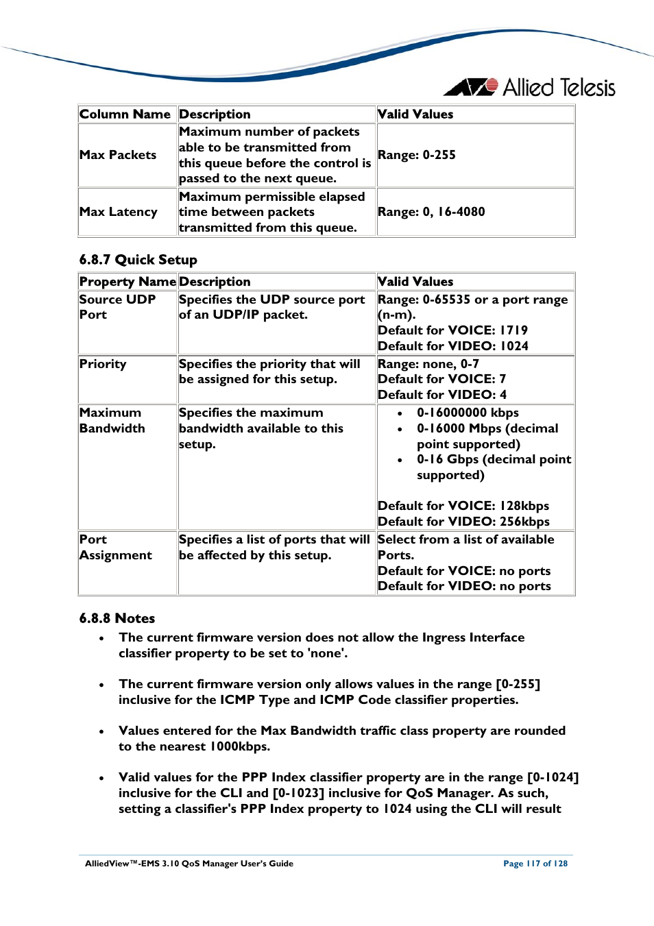 7 quick setup, 8 notes, Quick setup | Notes | Allied Telesis AlliedView-EMS 3.10 QoS MANAGER User Manual | Page 117 / 128