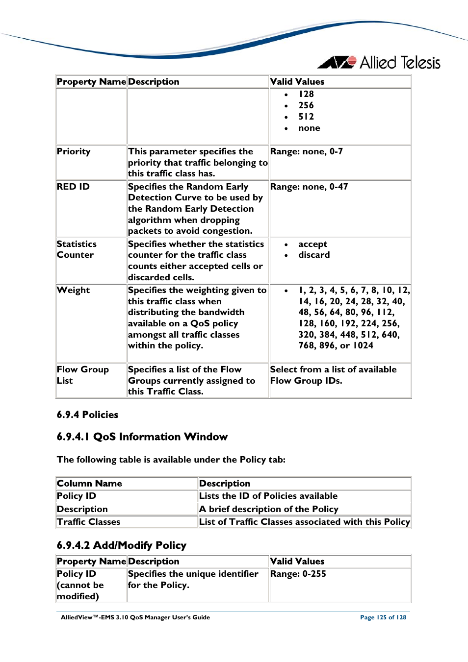 1 qos information window, 2 add/modify policy, 4 policies | Policies | Allied Telesis AlliedView-EMS 3.10 QoS MANAGER User Manual | Page 125 / 128