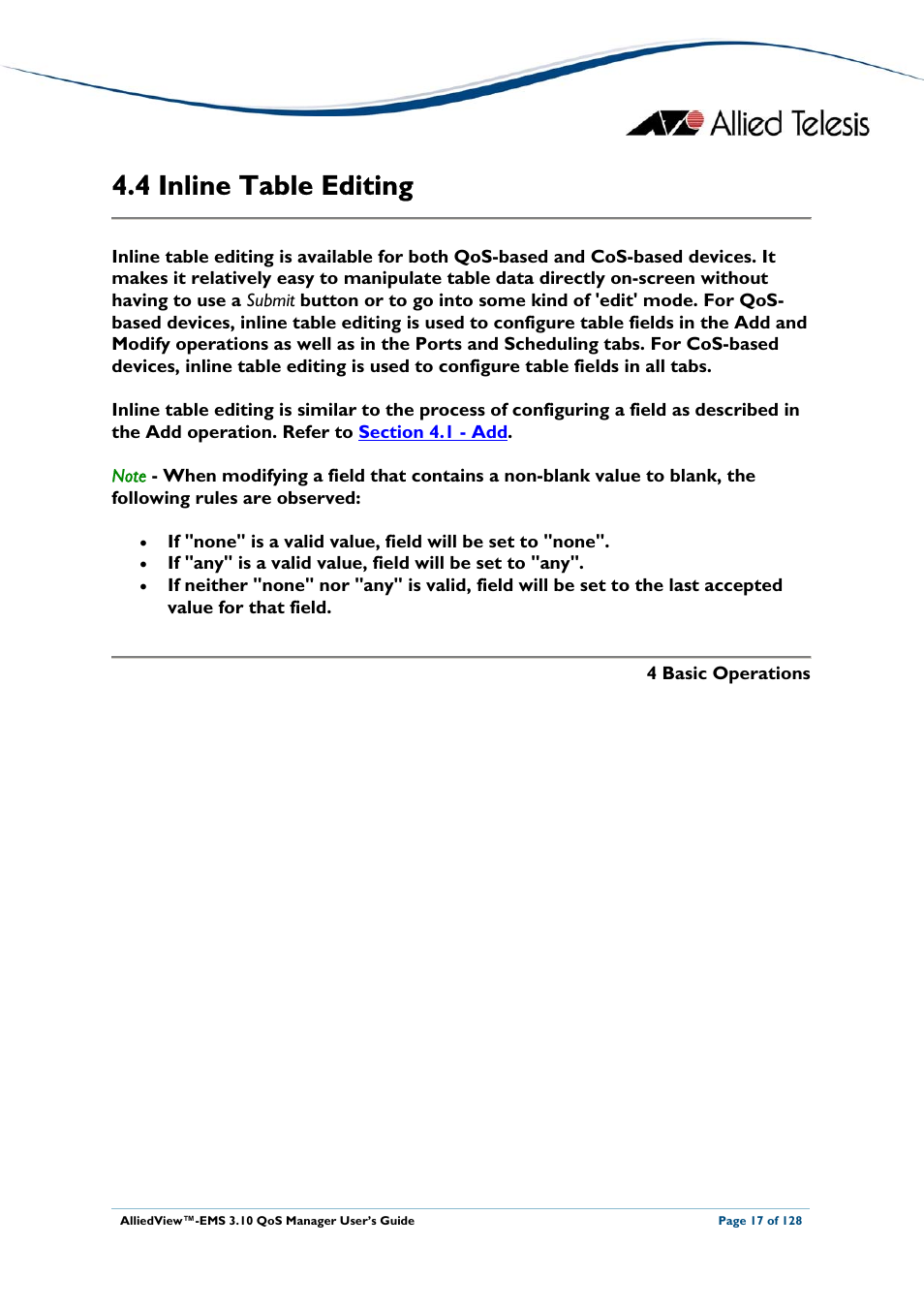4 inline table editing, Nline, Able | Diting, Inline table editing | Allied Telesis AlliedView-EMS 3.10 QoS MANAGER User Manual | Page 17 / 128