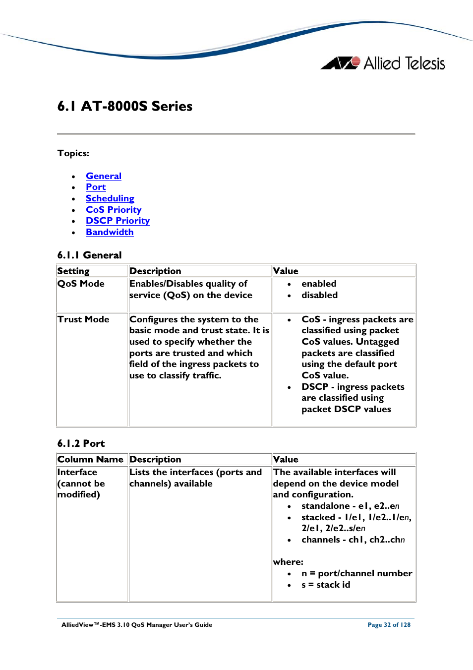 1 at-8000s series, 1 general, 2 port | At-8000s, Eries, At-8000s series | Allied Telesis AlliedView-EMS 3.10 QoS MANAGER User Manual | Page 32 / 128