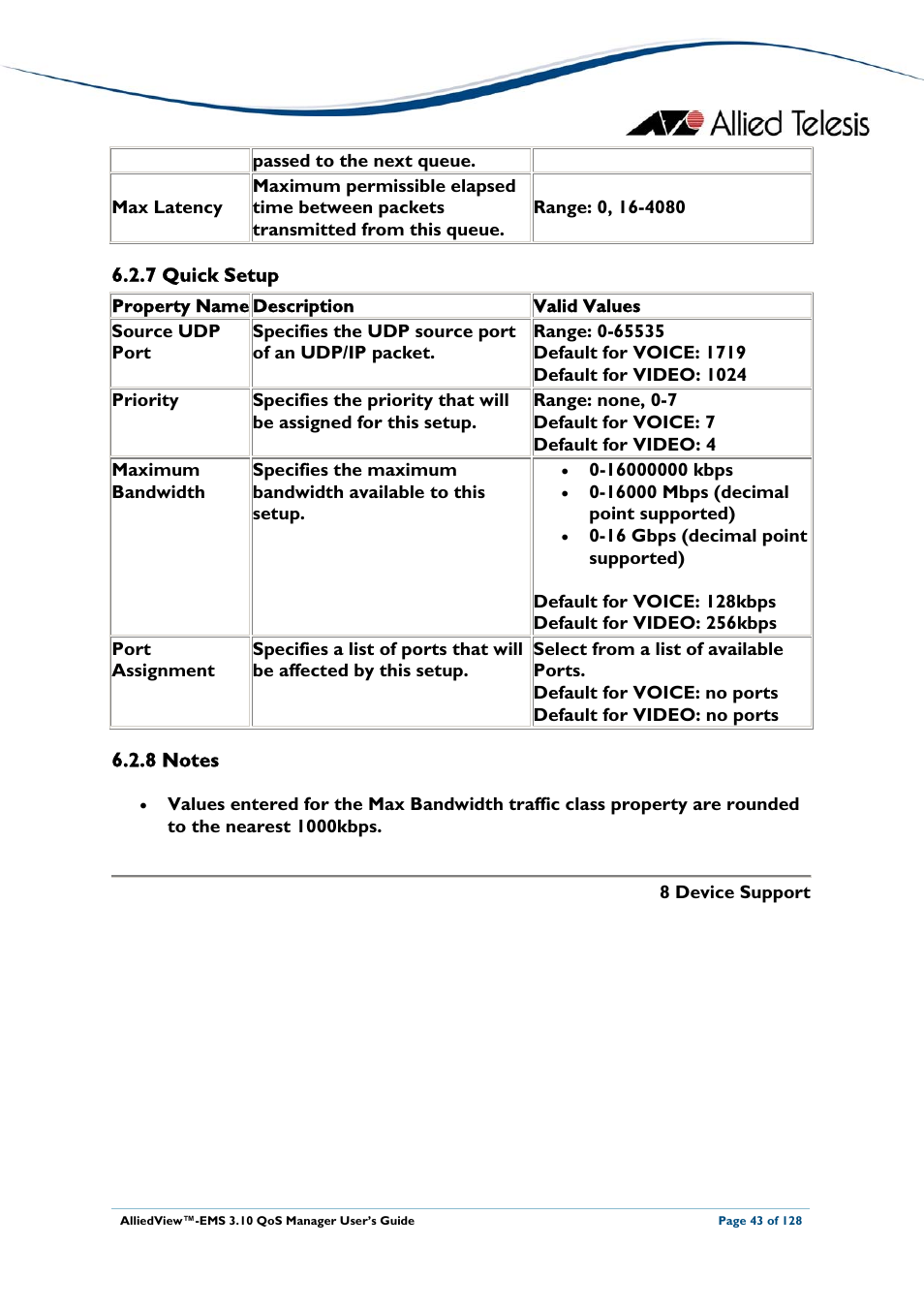 7 quick setup, 8 notes, Quick setup | Notes | Allied Telesis AlliedView-EMS 3.10 QoS MANAGER User Manual | Page 43 / 128