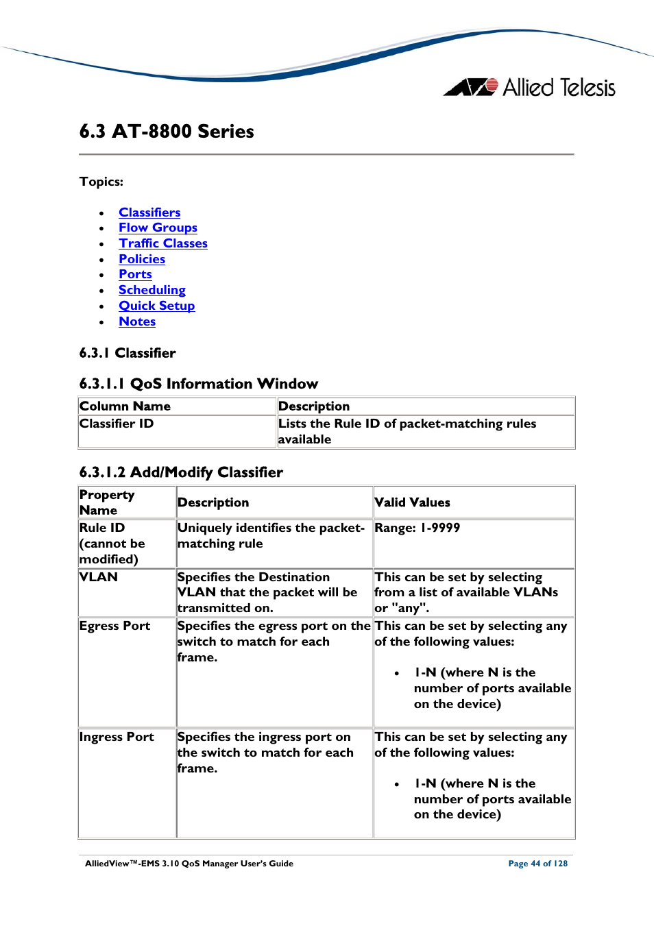 3 at-8800 series, 1 classifier, 1 qos information window | 2 add/modify classifier, At-8800, Eries, At-8800 series | Allied Telesis AlliedView-EMS 3.10 QoS MANAGER User Manual | Page 44 / 128