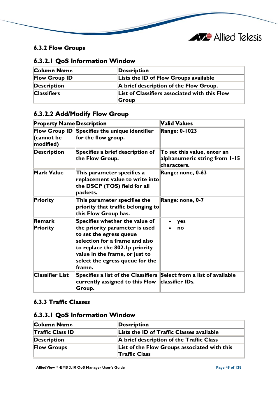 2 flow groups, 1 qos information window, 2 add/modify flow group | 3 traffic classes, Flow groups, Traffic classes | Allied Telesis AlliedView-EMS 3.10 QoS MANAGER User Manual | Page 49 / 128