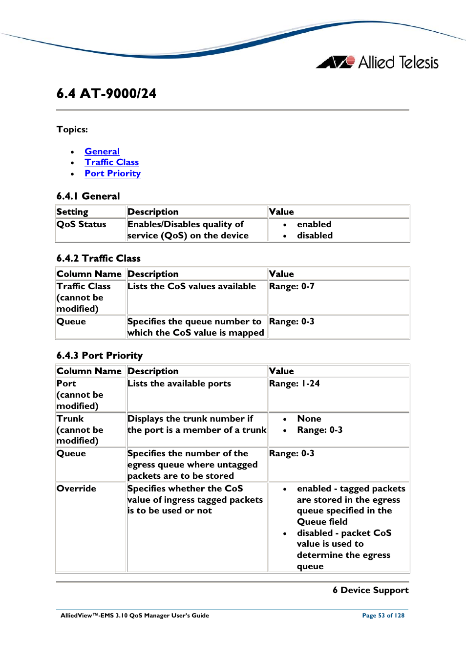 4 at-9000/24, 1 general, 2 traffic class | 3 port priority, At-9000/24 | Allied Telesis AlliedView-EMS 3.10 QoS MANAGER User Manual | Page 53 / 128