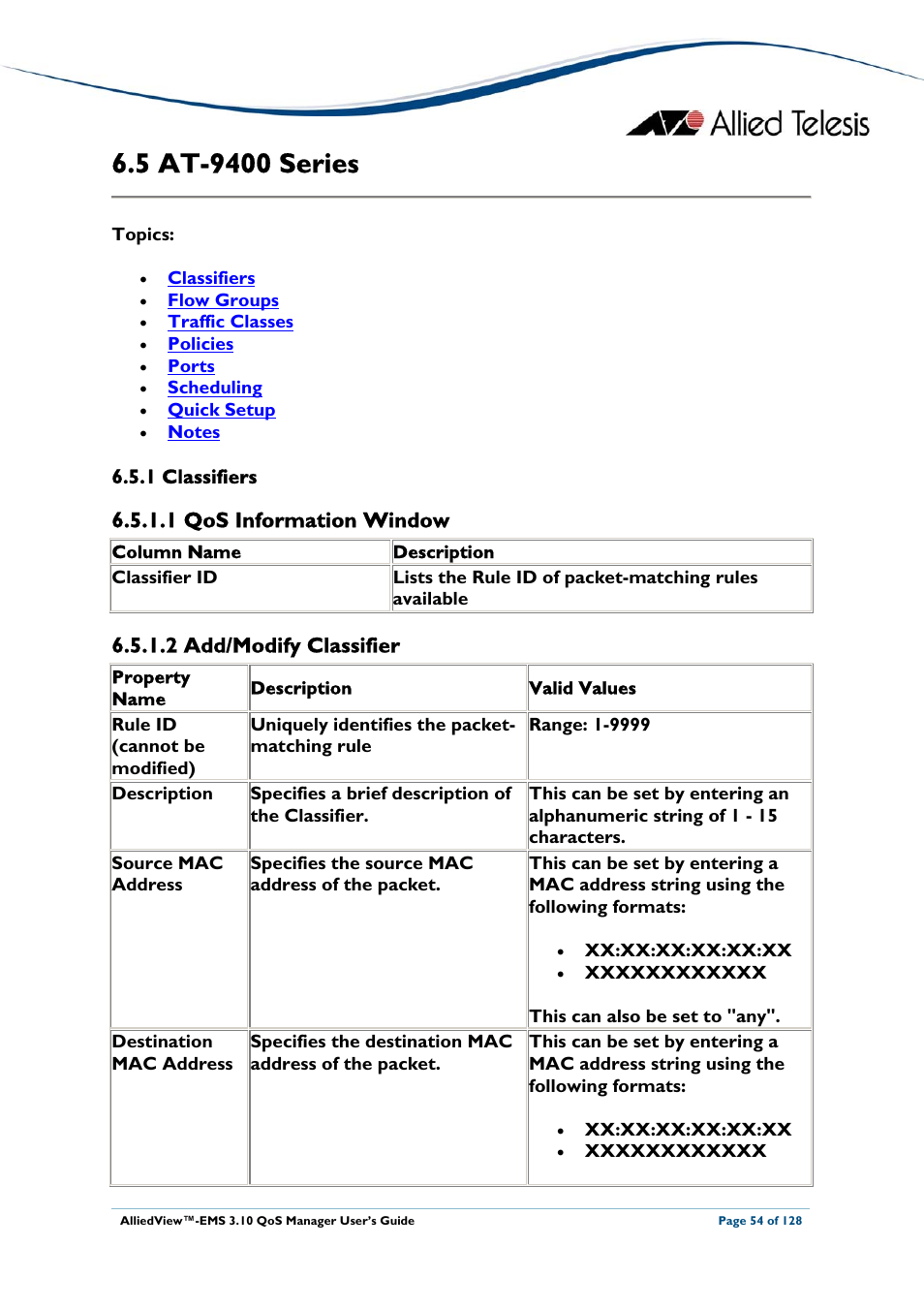 5 at-9400 series, 1 classifiers, 1 qos information window | 2 add/modify classifier, At-9400, Eries, At-9400 series | Allied Telesis AlliedView-EMS 3.10 QoS MANAGER User Manual | Page 54 / 128