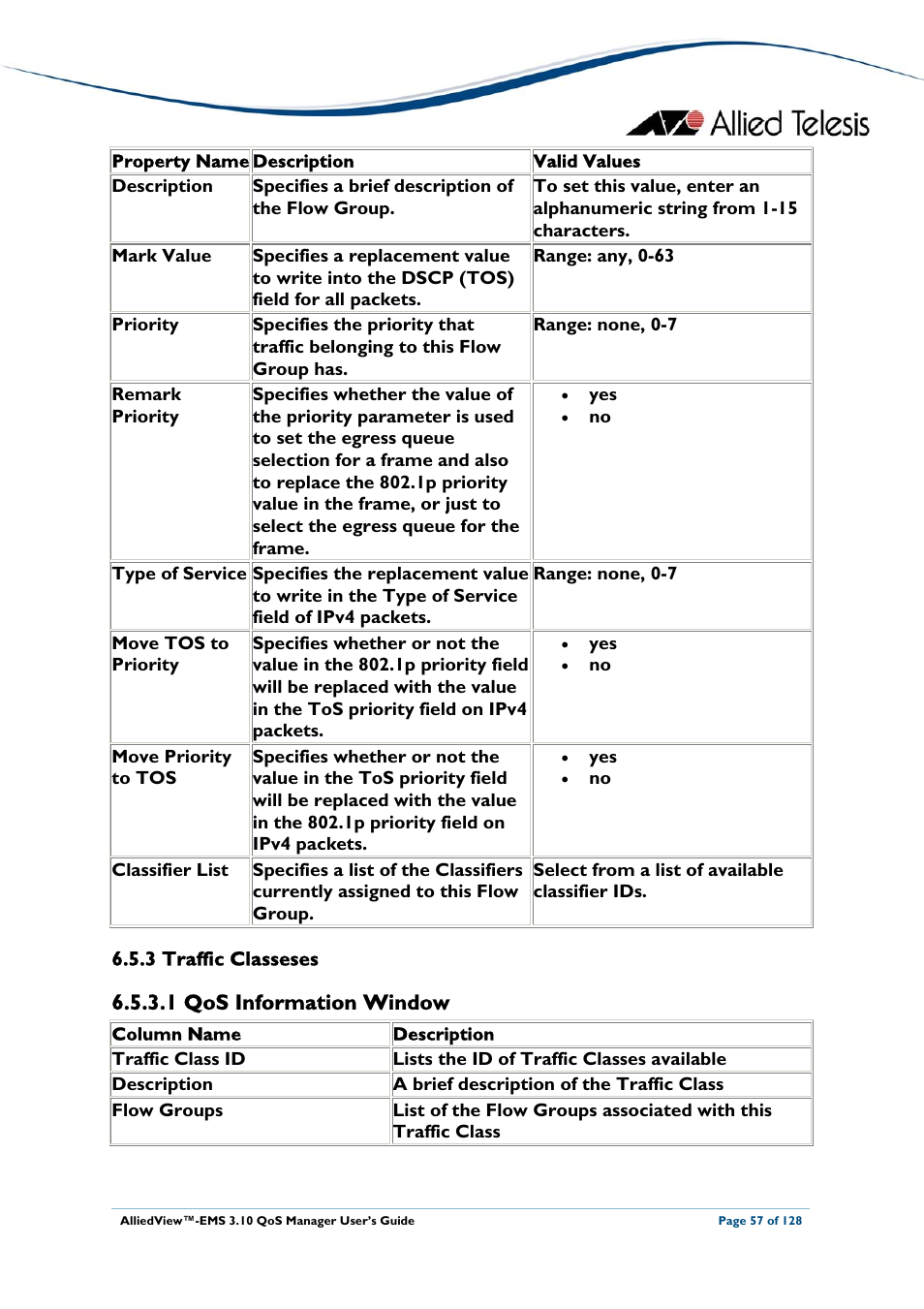3 traffic classeses, 1 qos information window, Traffic classes | Allied Telesis AlliedView-EMS 3.10 QoS MANAGER User Manual | Page 57 / 128