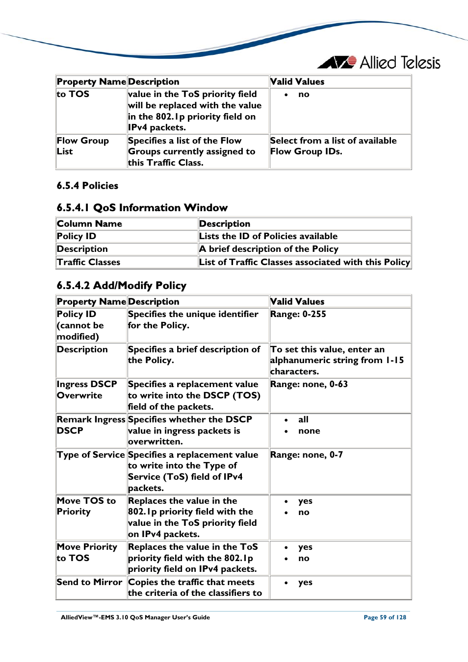 1 qos information window, 2 add/modify policy, 4 policies | Policies | Allied Telesis AlliedView-EMS 3.10 QoS MANAGER User Manual | Page 59 / 128