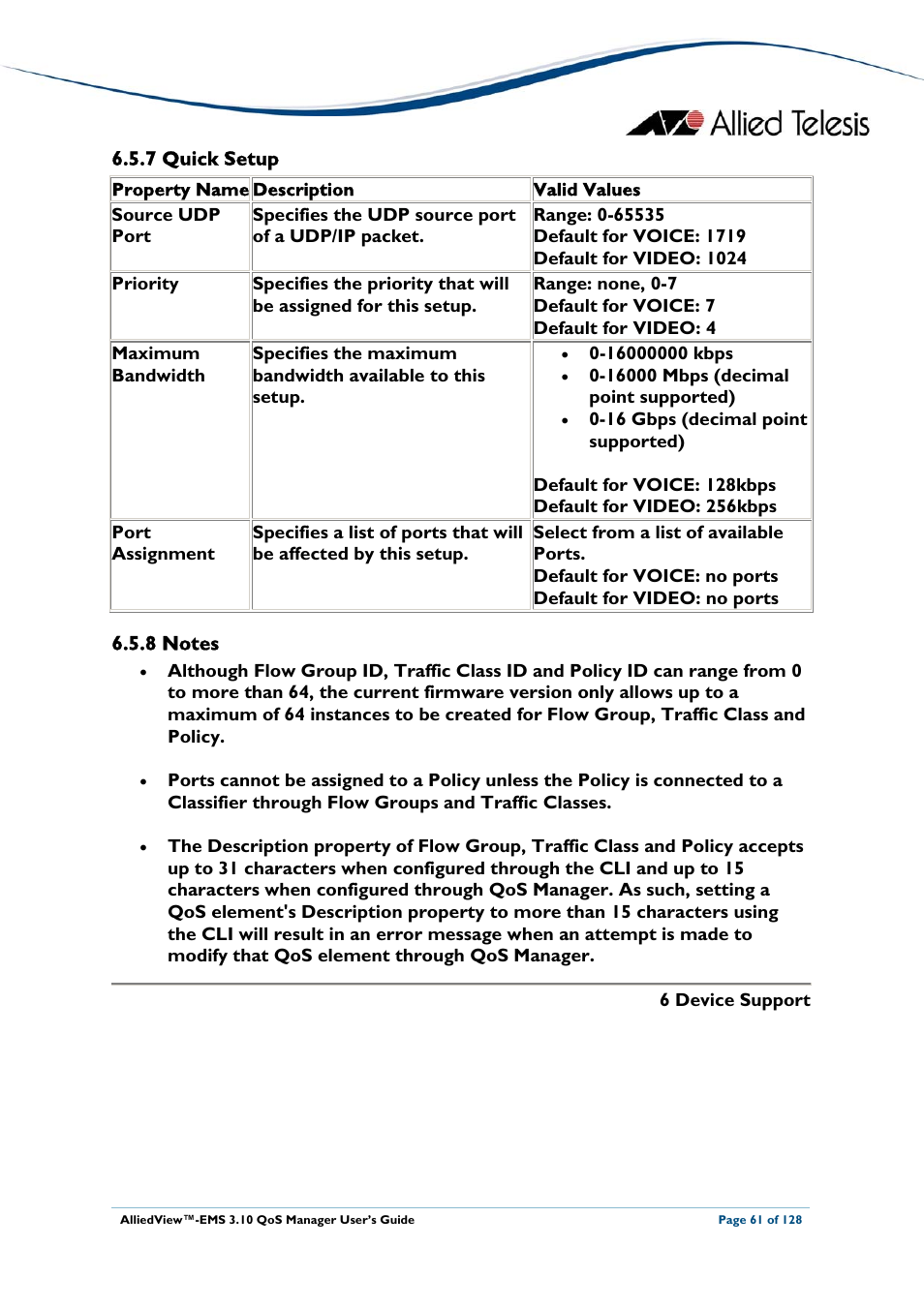 7 quick setup, 8 notes, Quick setup | Notes | Allied Telesis AlliedView-EMS 3.10 QoS MANAGER User Manual | Page 61 / 128