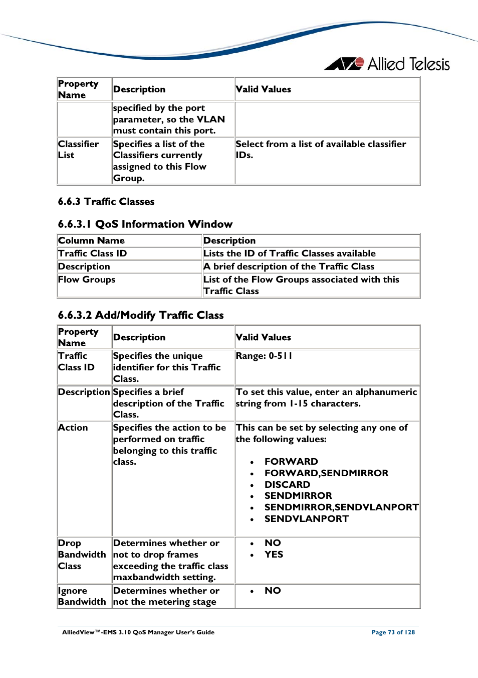 3 traffic classes, 1 qos information window, 2 add/modify traffic class | Traffic classes | Allied Telesis AlliedView-EMS 3.10 QoS MANAGER User Manual | Page 73 / 128