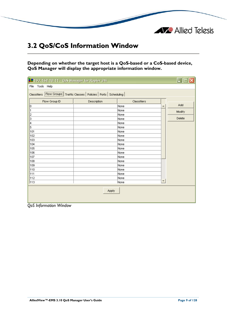 2 qos/cos information window, Nformation, Indow | Allied Telesis AlliedView-EMS 3.10 QoS MANAGER User Manual | Page 9 / 128