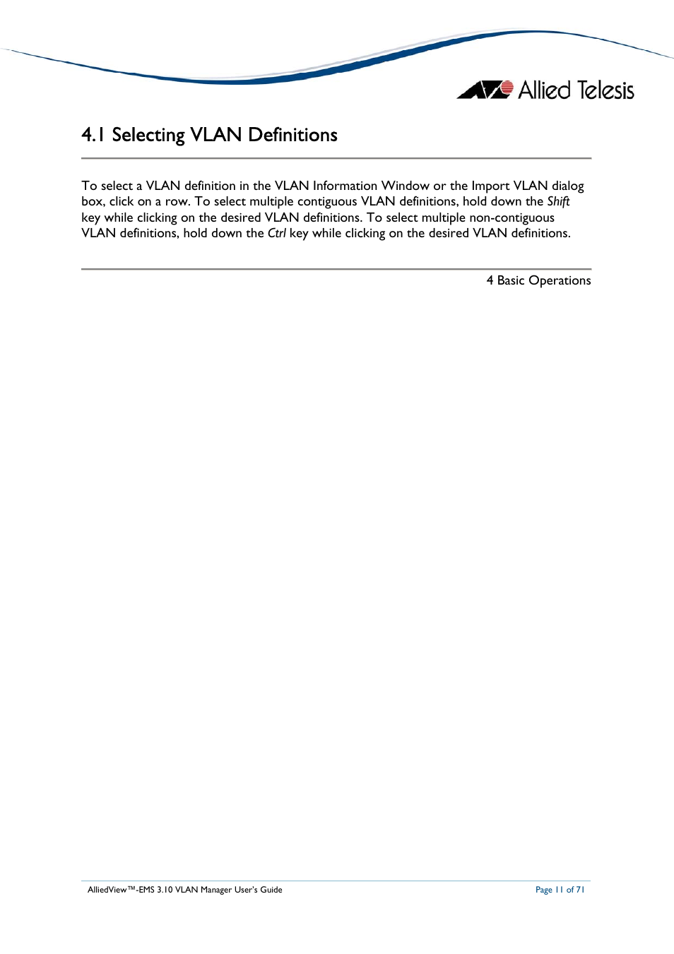 1 selecting vlan definitions, Electing, Vlan | Efinitions, Device panel | Allied Telesis AlliedView-EMS 3.10 VLAN MANAGER User Manual | Page 11 / 71
