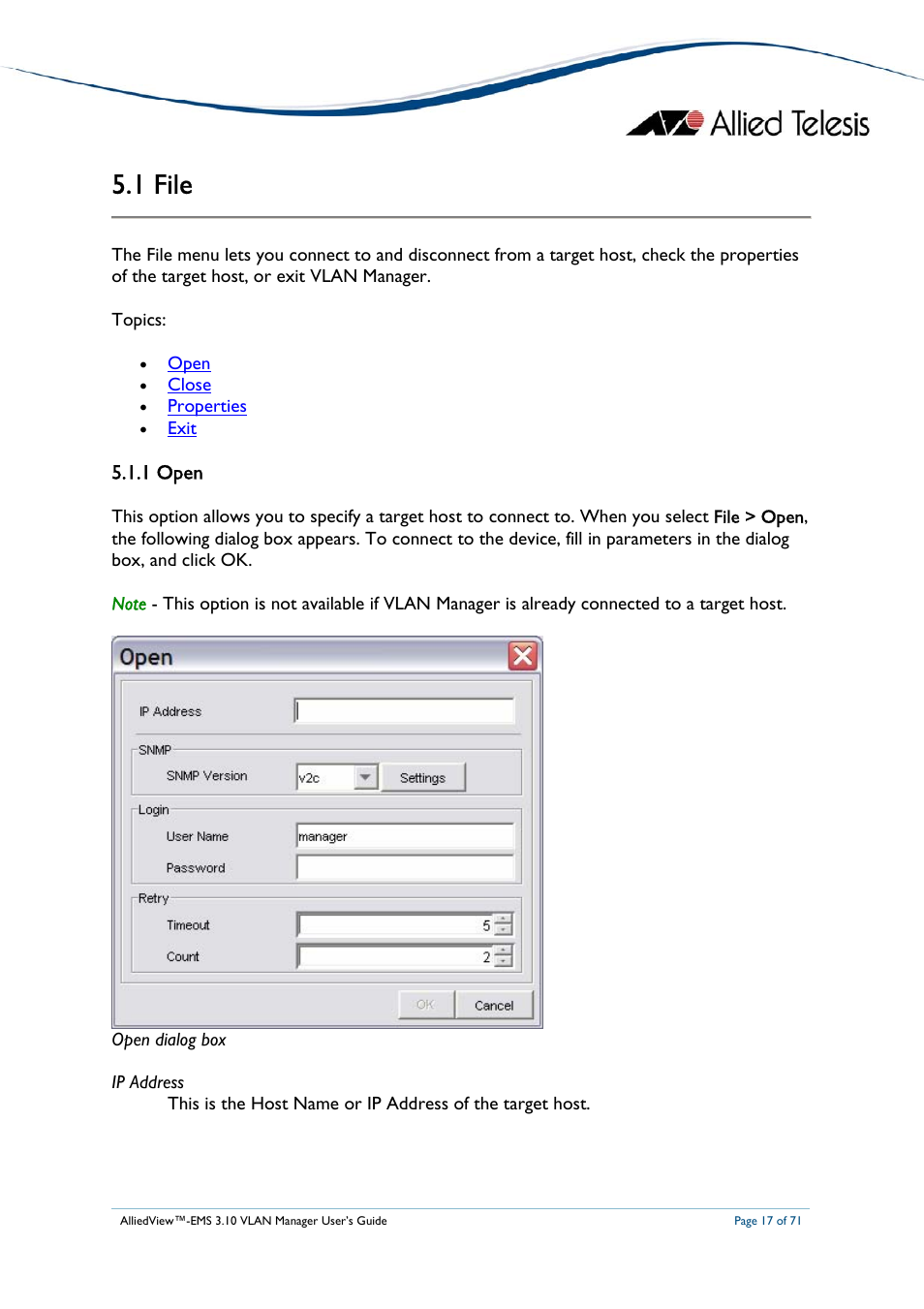 1 file, 1 open | Allied Telesis AlliedView-EMS 3.10 VLAN MANAGER User Manual | Page 17 / 71