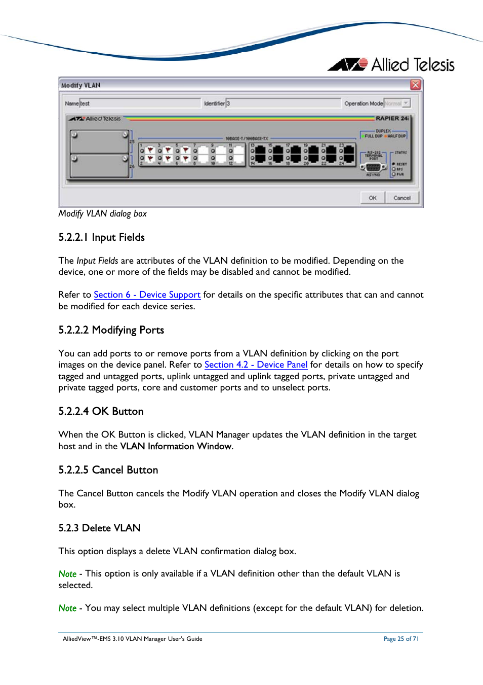 1 input fields, 2 modifying ports, 4 ok button | 5 cancel button, 3 delete vlan, Update vlan mode | Allied Telesis AlliedView-EMS 3.10 VLAN MANAGER User Manual | Page 25 / 71