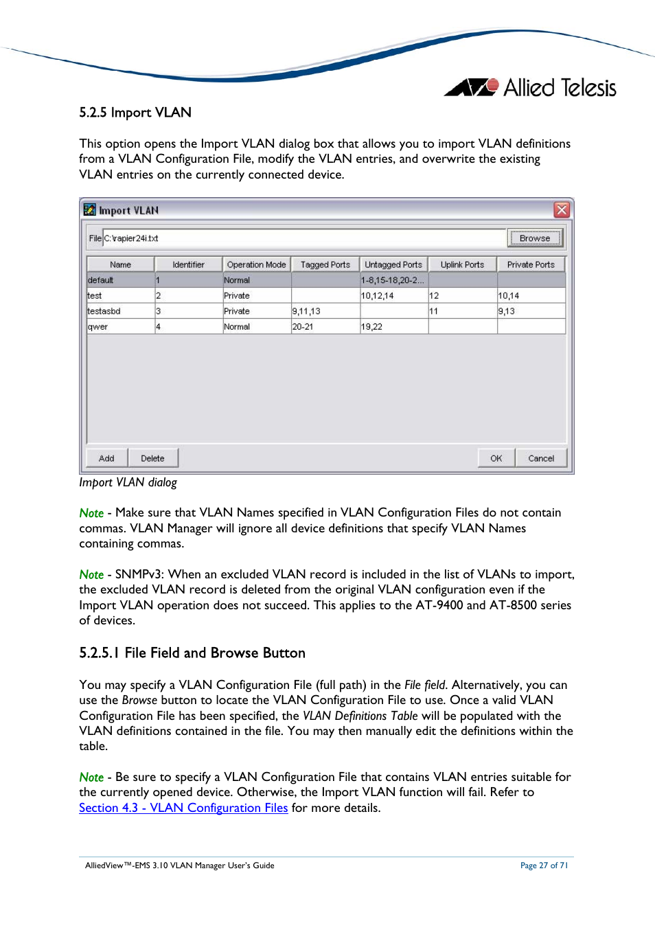 5 import vlan, 1 file field and browse button, Export vlan | Allied Telesis AlliedView-EMS 3.10 VLAN MANAGER User Manual | Page 27 / 71