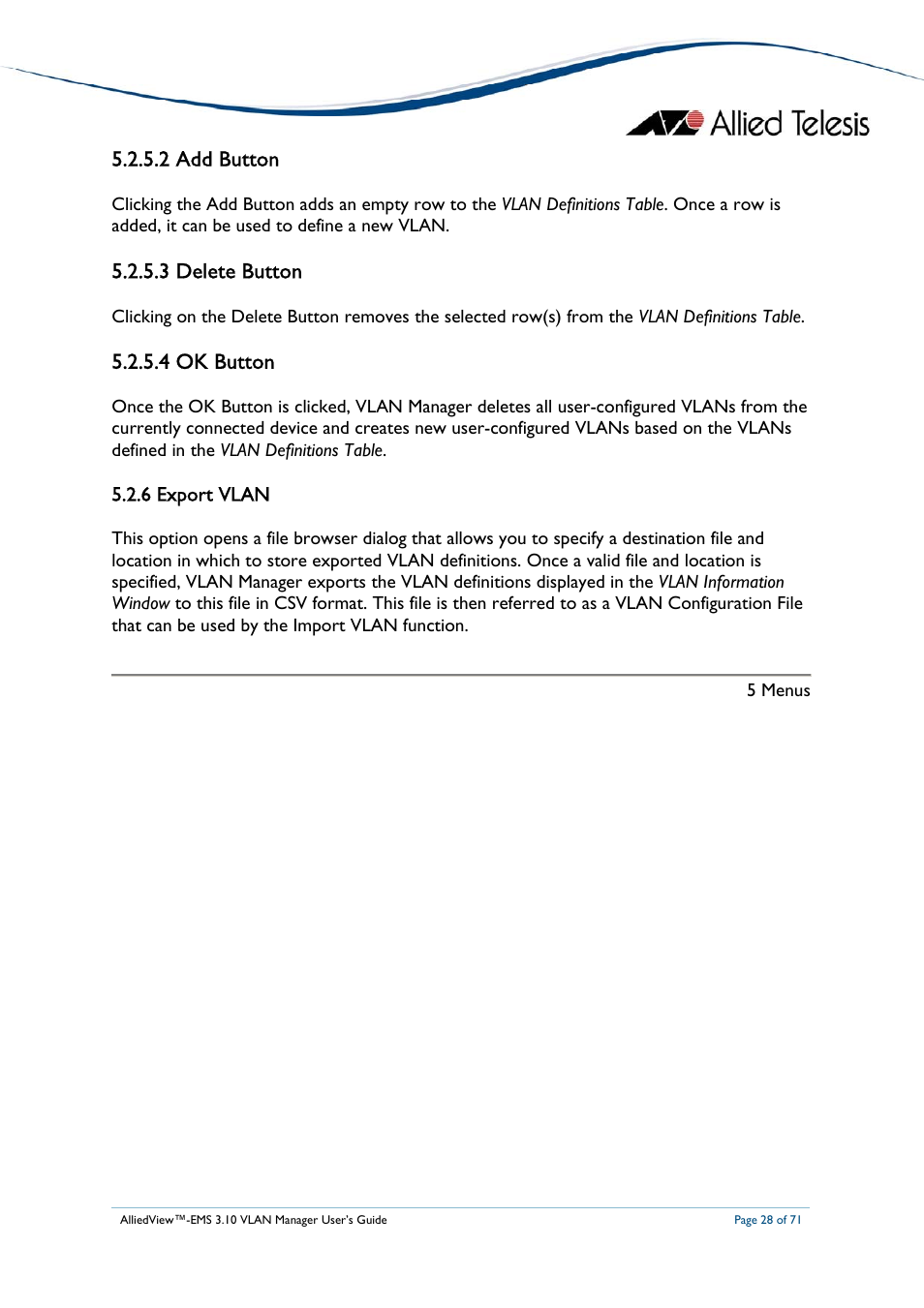 2 add button, 3 delete button, 4 ok button | 6 export vlan, View | Allied Telesis AlliedView-EMS 3.10 VLAN MANAGER User Manual | Page 28 / 71
