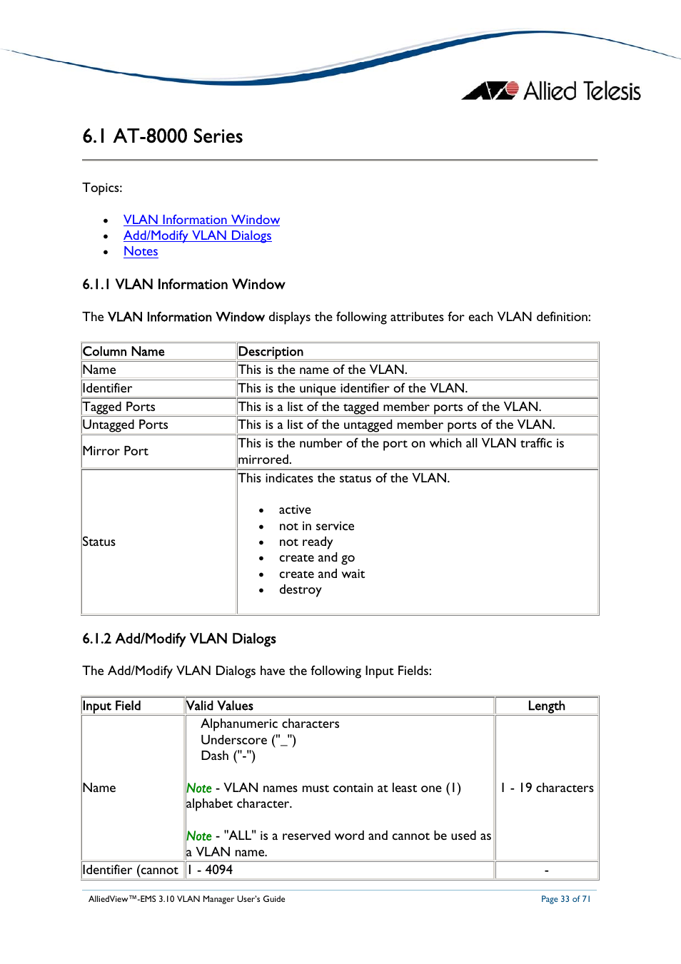 1 at-8000 series, 1 vlan information window, 2 add/modify vlan dialogs | At-8000, Eries, At-8000s series | Allied Telesis AlliedView-EMS 3.10 VLAN MANAGER User Manual | Page 33 / 71