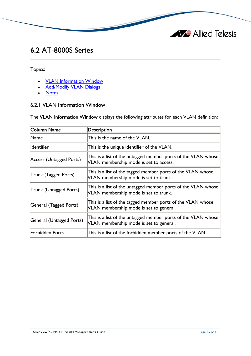2 at-8000s series, 1 vlan information window, At-8000s | Eries, Notes | Allied Telesis AlliedView-EMS 3.10 VLAN MANAGER User Manual | Page 35 / 71