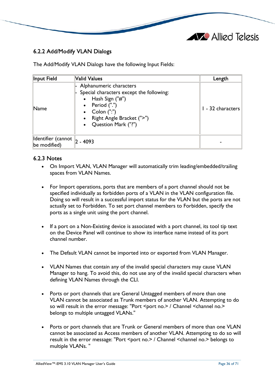 2 add/modify vlan dialogs, 3 notes, At-8124xl (v2) | Allied Telesis AlliedView-EMS 3.10 VLAN MANAGER User Manual | Page 36 / 71