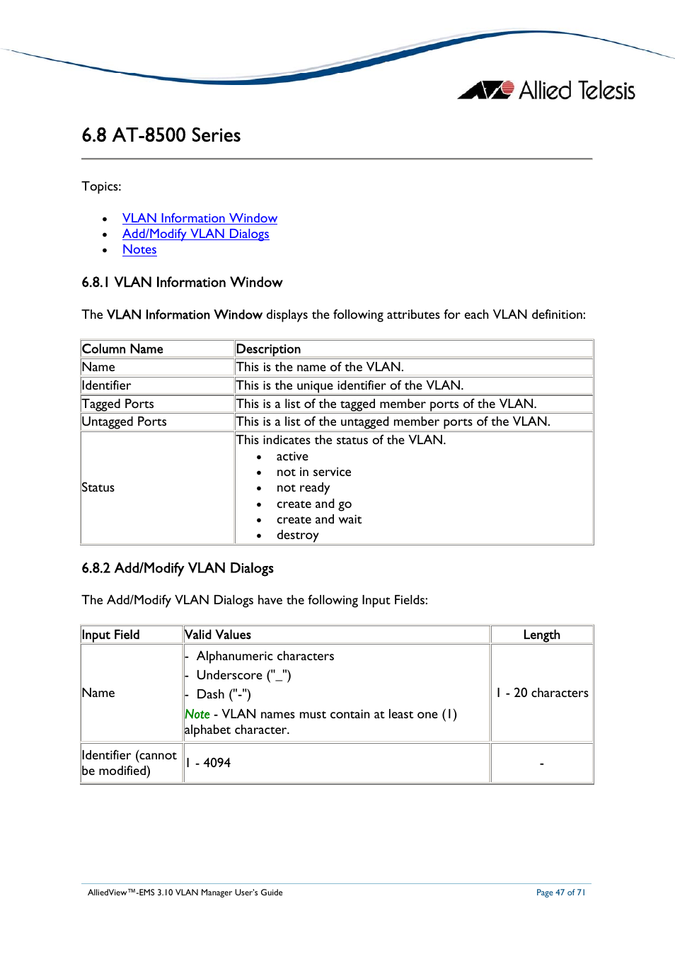 8 at-8500 series, 1 vlan information window, 2 add/modify vlan dialogs | At-8500, Eries, At-8600 series | Allied Telesis AlliedView-EMS 3.10 VLAN MANAGER User Manual | Page 47 / 71