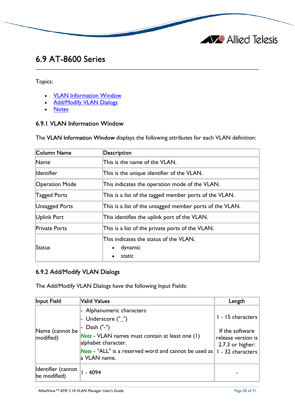 9 at-8600 series, 1 vlan information window, 2 add/modify vlan dialogs | At-8600, Eries, At-8900/at-9900/at-x900-48 series | Allied Telesis AlliedView-EMS 3.10 VLAN MANAGER User Manual | Page 50 / 71
