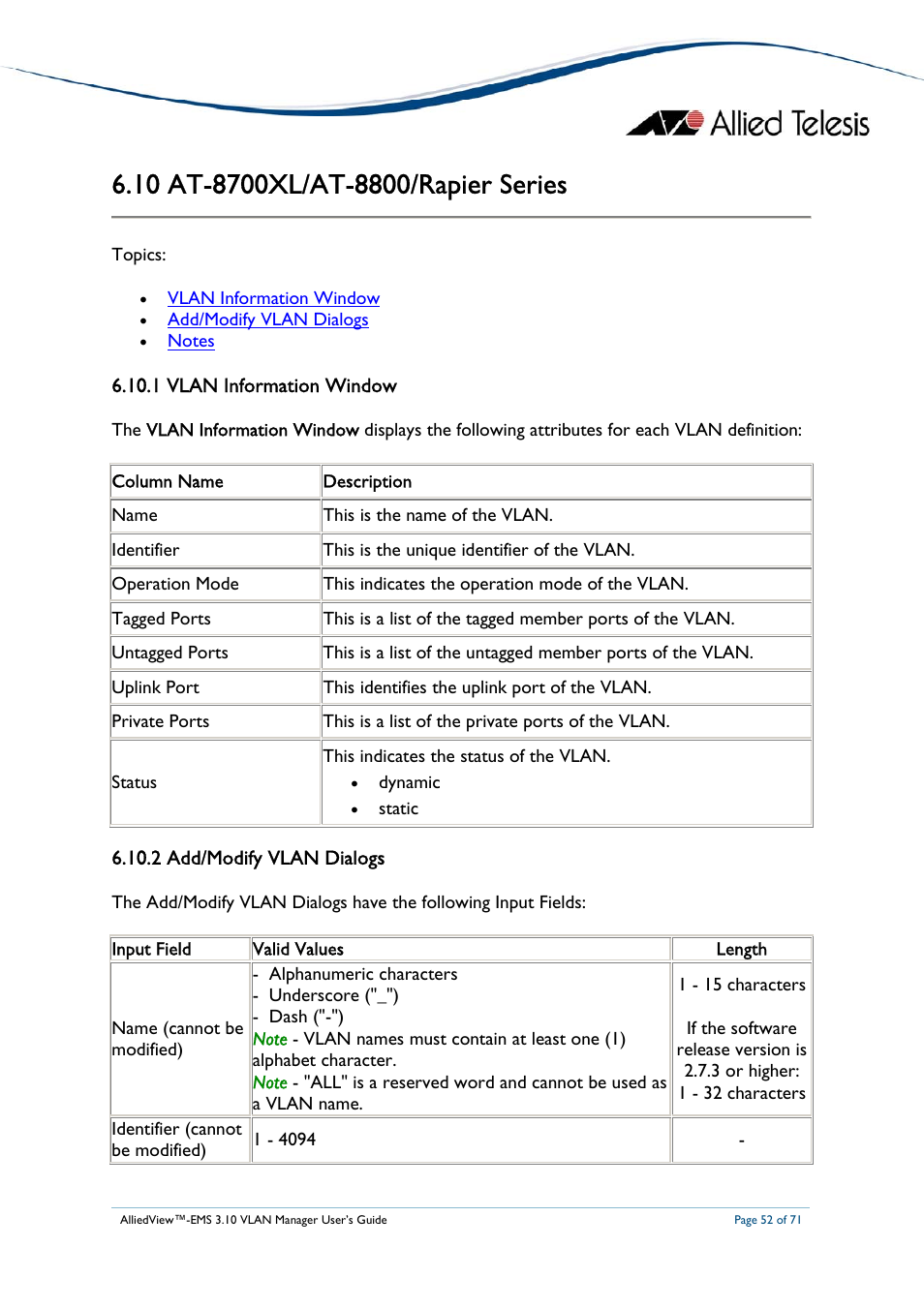 10 at-8700xl/at-8800/rapier series, 1 vlan information window, 2 add/modify vlan dialogs | At-8700xl/at-8800/r, Apier, Eries | Allied Telesis AlliedView-EMS 3.10 VLAN MANAGER User Manual | Page 52 / 71