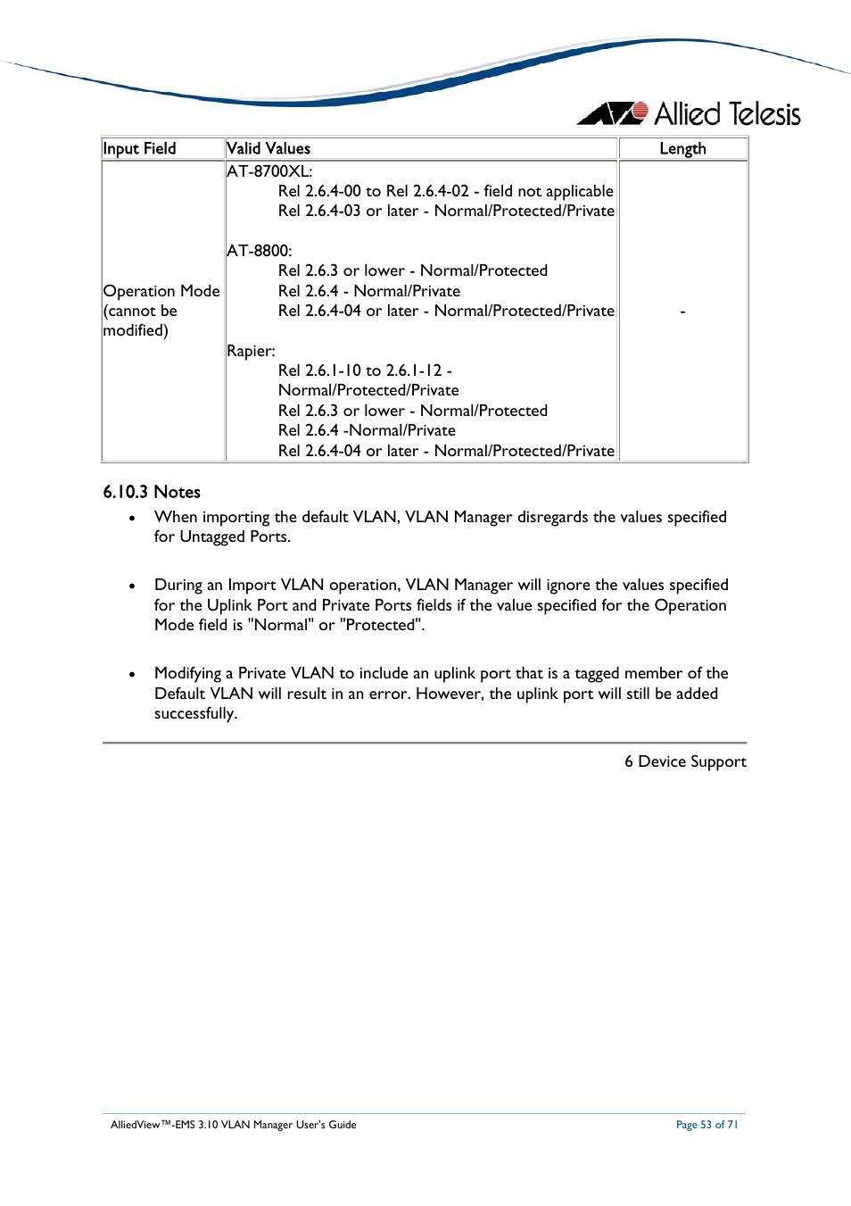 3 notes, At-9000/24 and at-9410gb | Allied Telesis AlliedView-EMS 3.10 VLAN MANAGER User Manual | Page 53 / 71