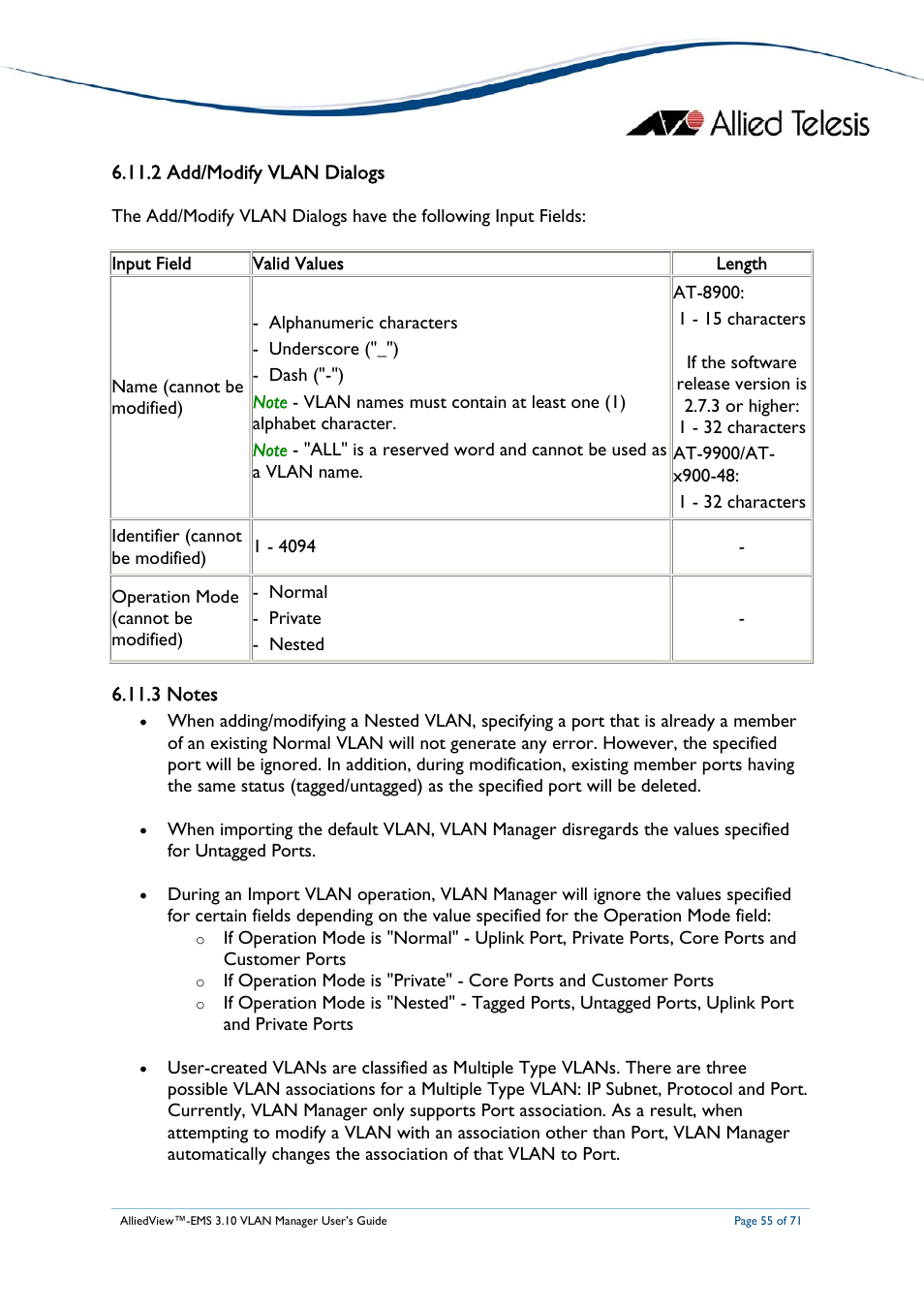 2 add/modify vlan dialogs, 3 notes, At-9400 series | Allied Telesis AlliedView-EMS 3.10 VLAN MANAGER User Manual | Page 55 / 71