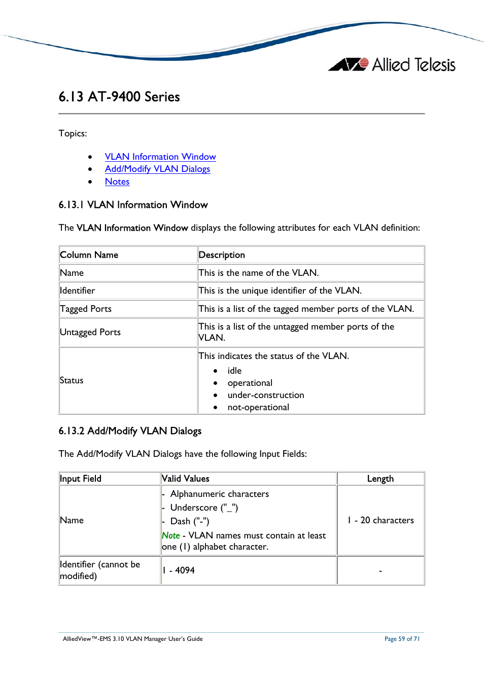 13 at-9400 series, 1 vlan information window, 2 add/modify vlan dialogs | At-9400, Eries, At-9800/switchblade series | Allied Telesis AlliedView-EMS 3.10 VLAN MANAGER User Manual | Page 59 / 71