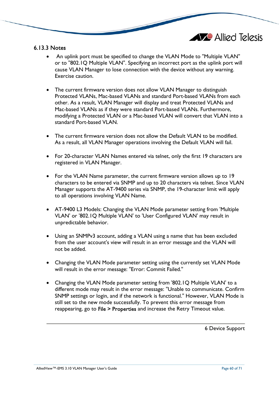 3 notes | Allied Telesis AlliedView-EMS 3.10 VLAN MANAGER User Manual | Page 60 / 71