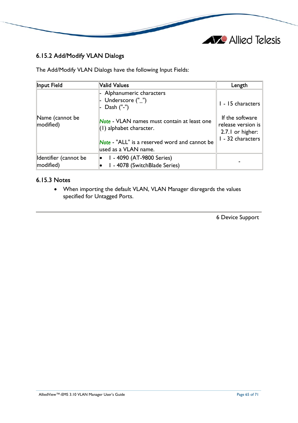 2 add/modify vlan dialogs, 3 notes | Allied Telesis AlliedView-EMS 3.10 VLAN MANAGER User Manual | Page 65 / 71
