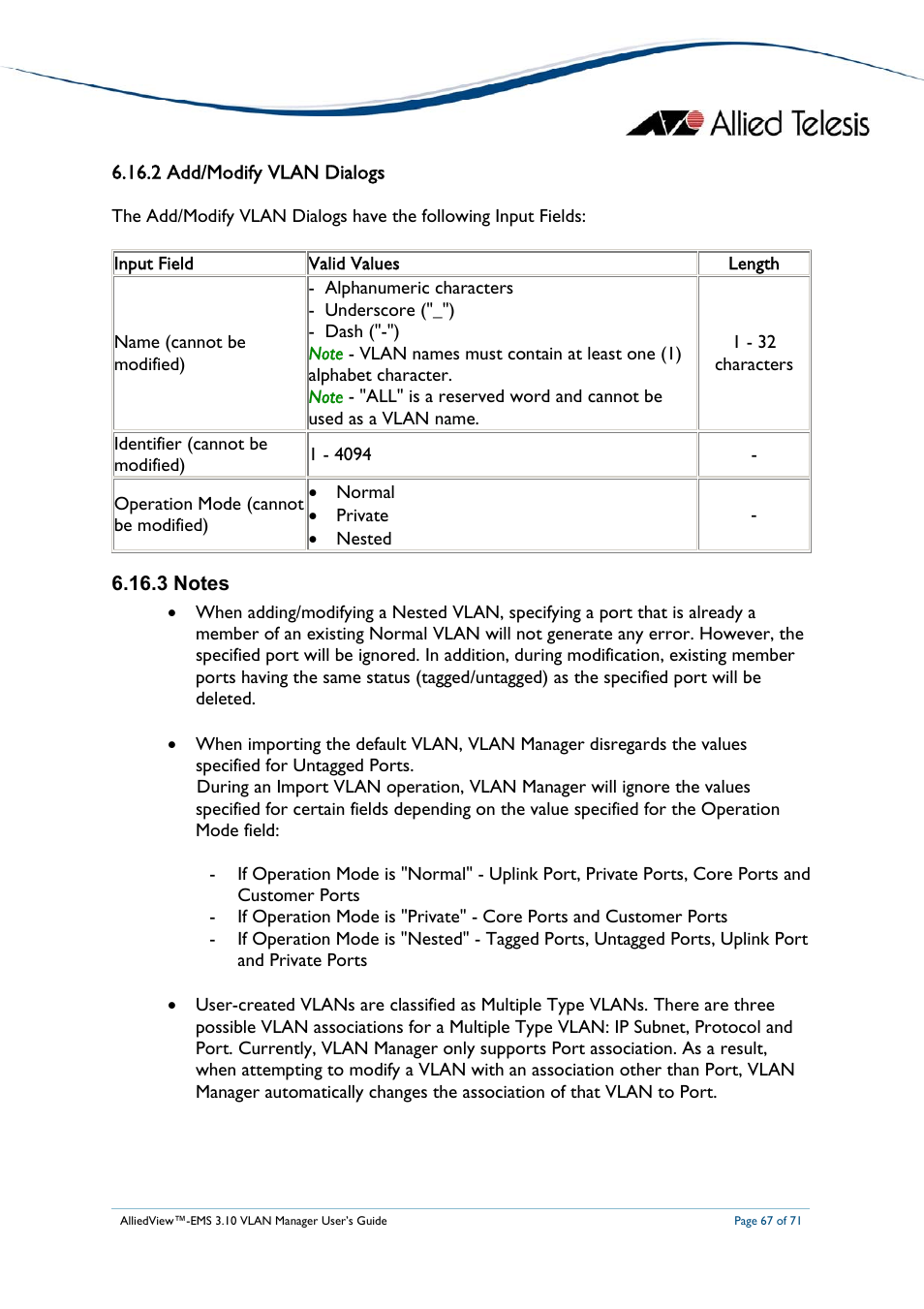 2 add/modify vlan dialogs, 3 notes | Allied Telesis AlliedView-EMS 3.10 VLAN MANAGER User Manual | Page 67 / 71
