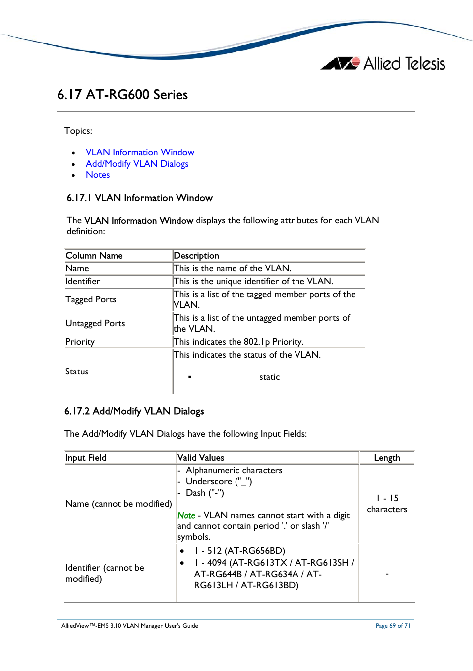 17 at-rg600 series, 1 vlan information window, 2 add/modify vlan dialogs | At-rg600, Eries | Allied Telesis AlliedView-EMS 3.10 VLAN MANAGER User Manual | Page 69 / 71