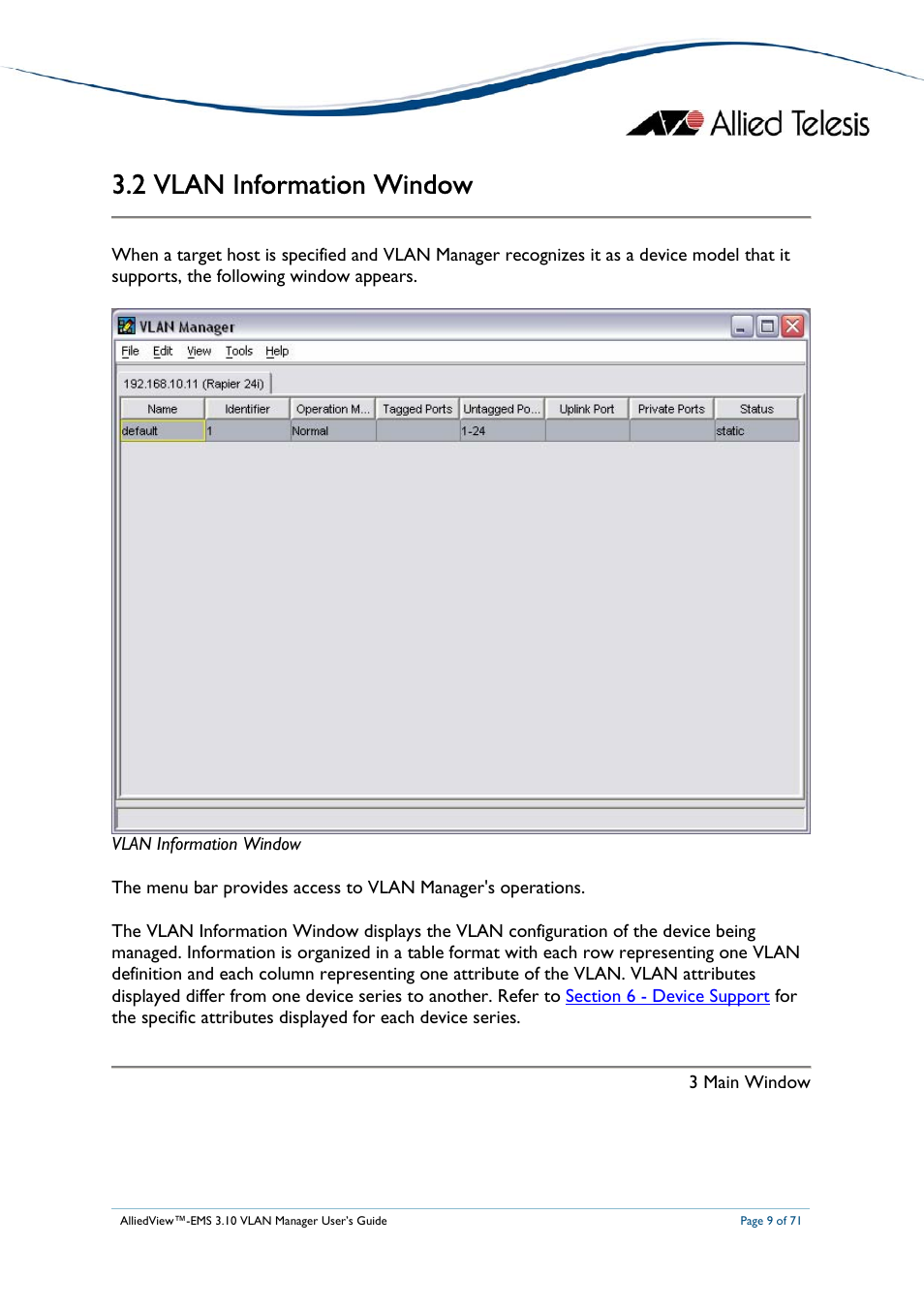 2 vlan information window, Vlan, Nformation | Indow, Basic operations | Allied Telesis AlliedView-EMS 3.10 VLAN MANAGER User Manual | Page 9 / 71