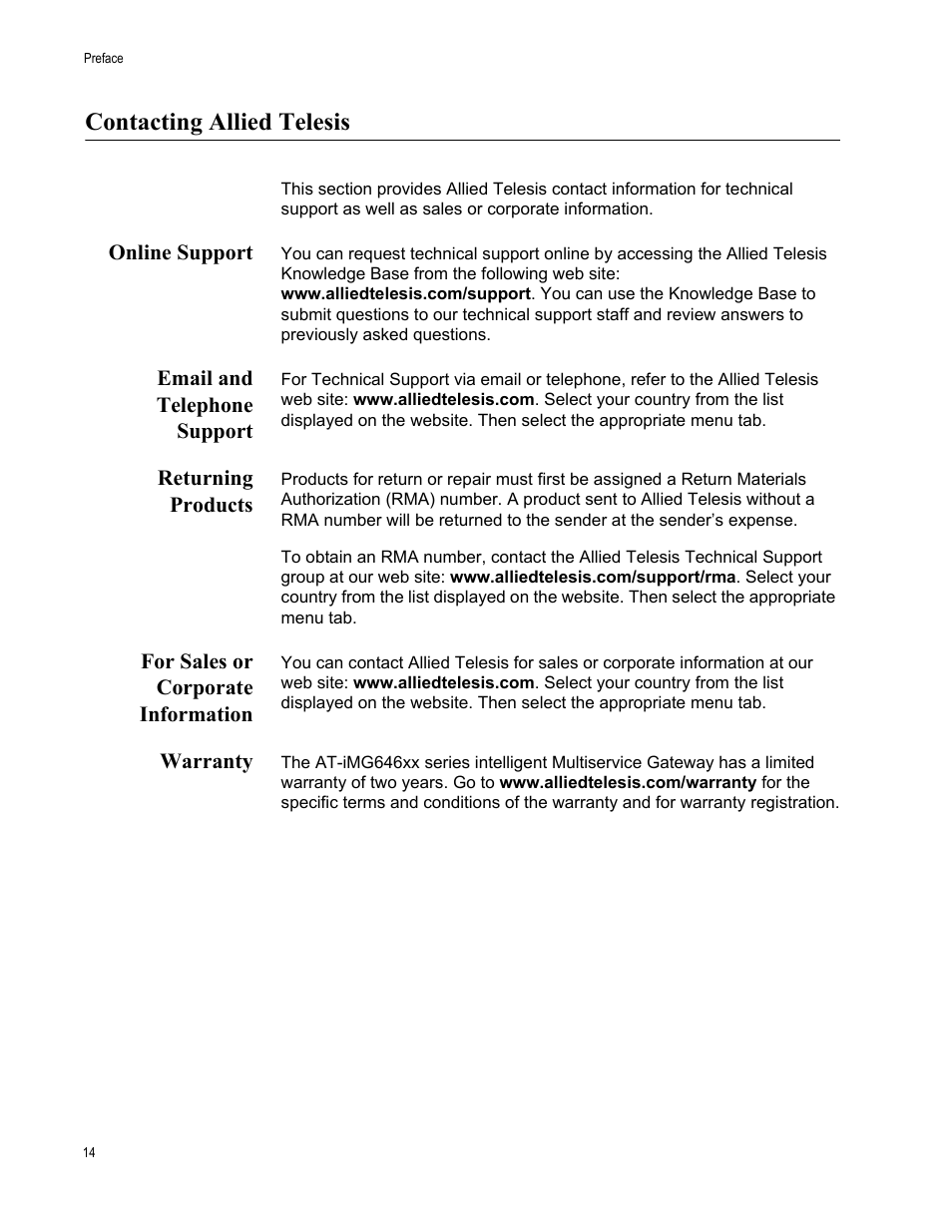 Contacting allied telesis, Online support, Email and telephone support | Returning products, For sales or corporate information, Warranty | Allied Telesis AT-iMG646PX-ON User Manual | Page 14 / 98