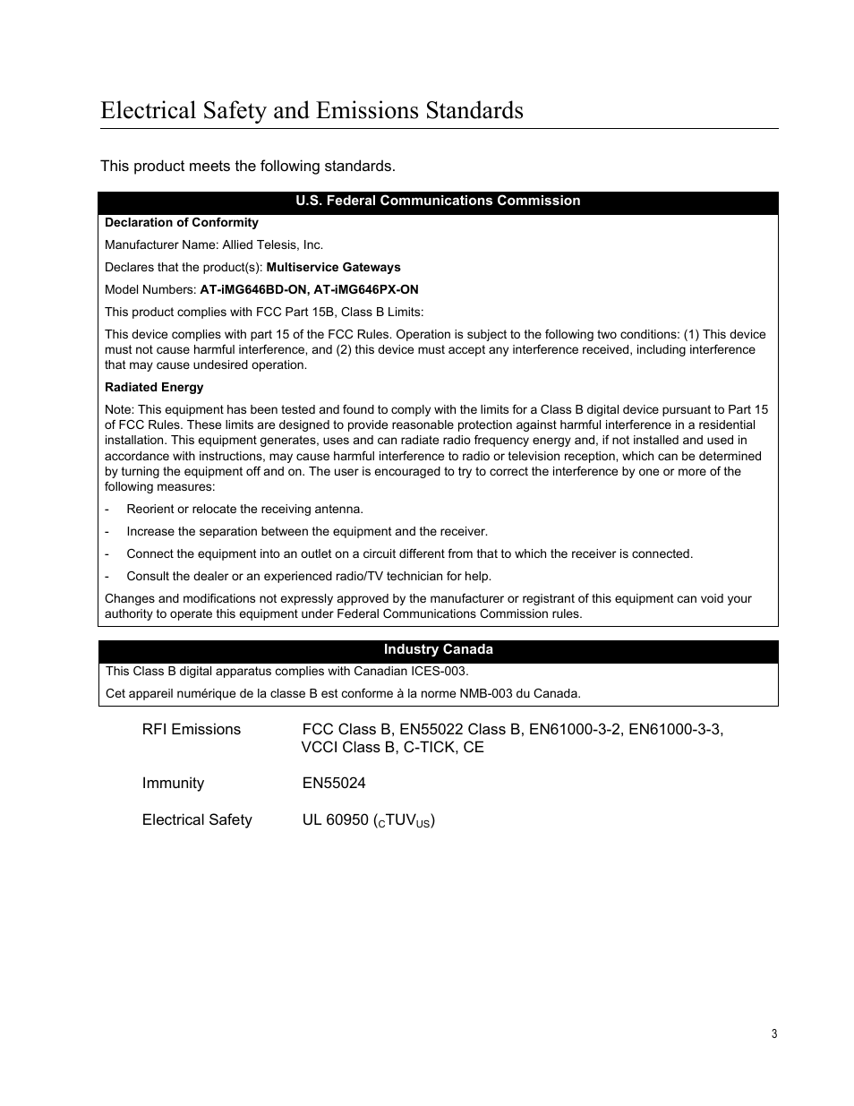 Electrical safety and emissions standards | Allied Telesis AT-iMG646PX-ON User Manual | Page 3 / 98