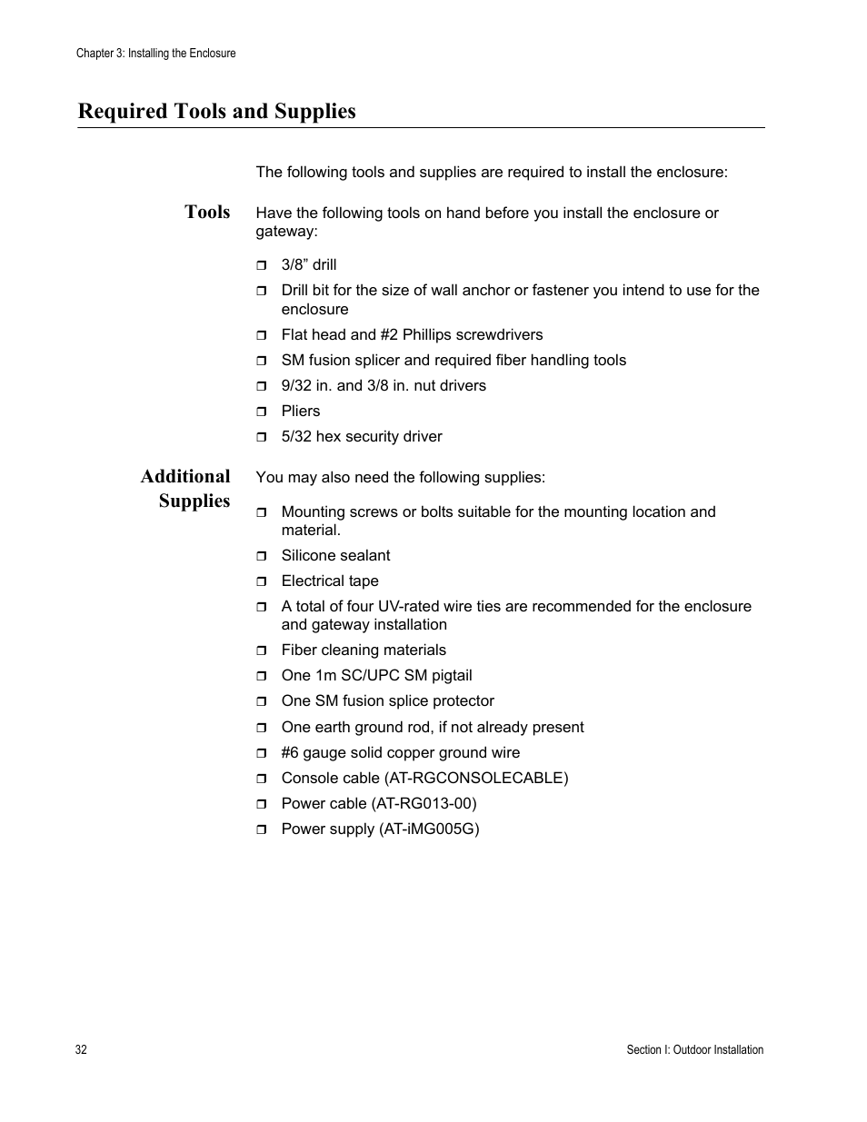 Required tools and supplies, Tools, Additional supplies | Tools additional supplies | Allied Telesis AT-iMG646PX-ON User Manual | Page 32 / 98
