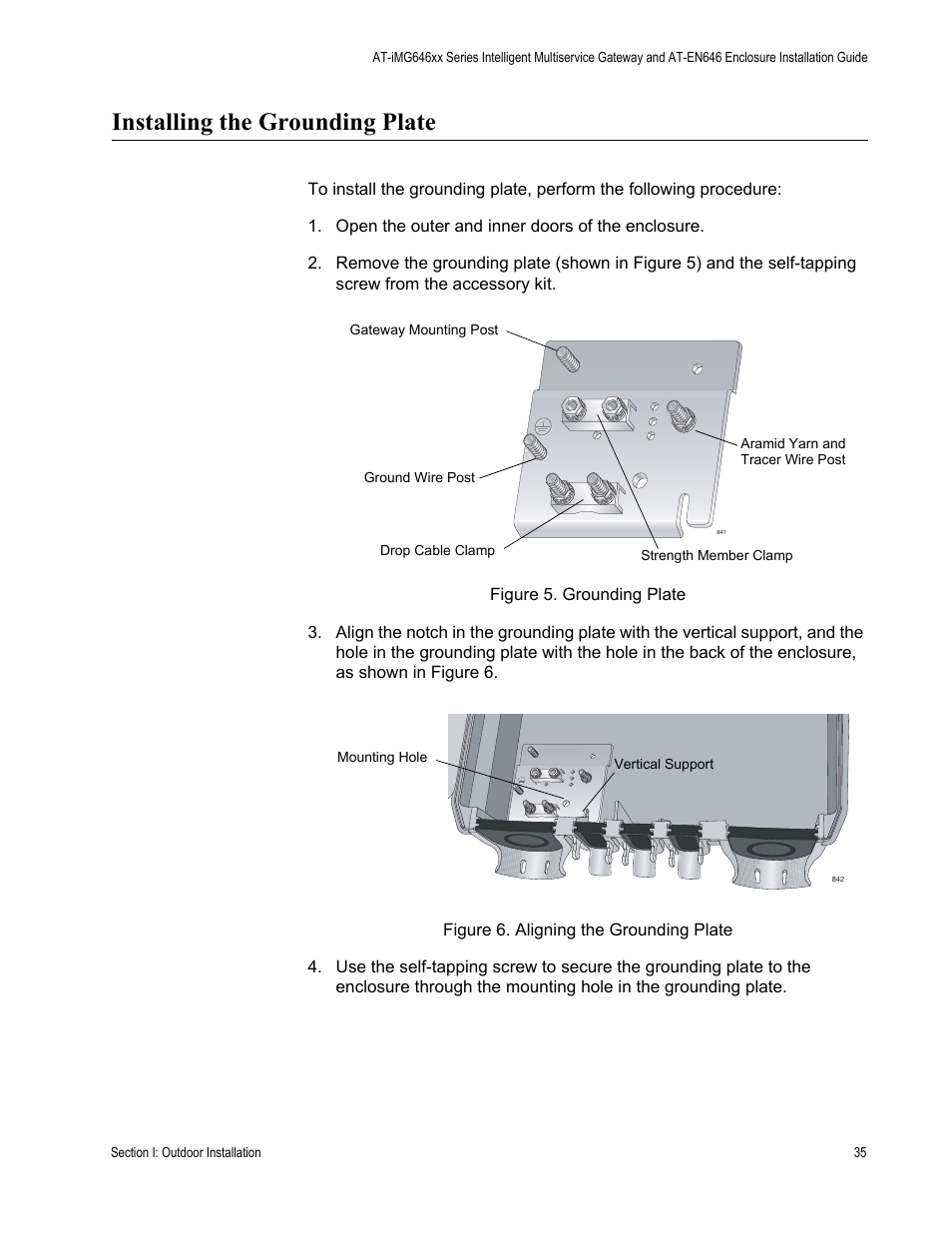 Installing the grounding plate, Open the outer and inner doors of the enclosure | Allied Telesis AT-iMG646PX-ON User Manual | Page 35 / 98