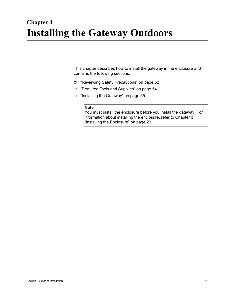 Chapter 4, Installing the gateway outdoors, Chapter 4: installing the gateway outdoors | Allied Telesis AT-iMG646PX-ON User Manual | Page 51 / 98